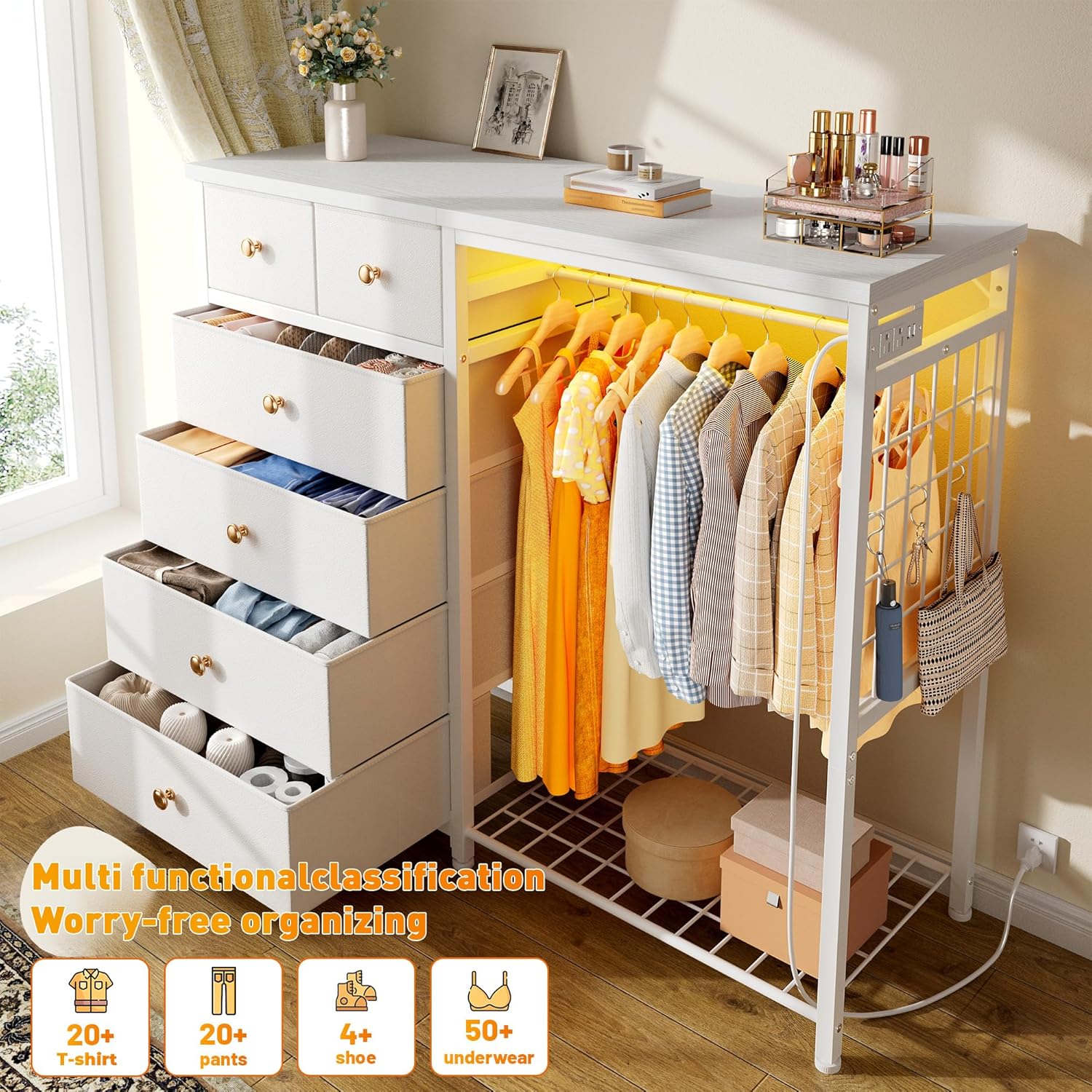 EnHomee 49.2" W Dresser with Hanging Rack & 6 Fabric Drawers for Bedroom, Featuring LED Lights and Charging Station, White Fabric Dressers & Chest of Drawers with Grid Panel & 4 Hooks, Wooden Top