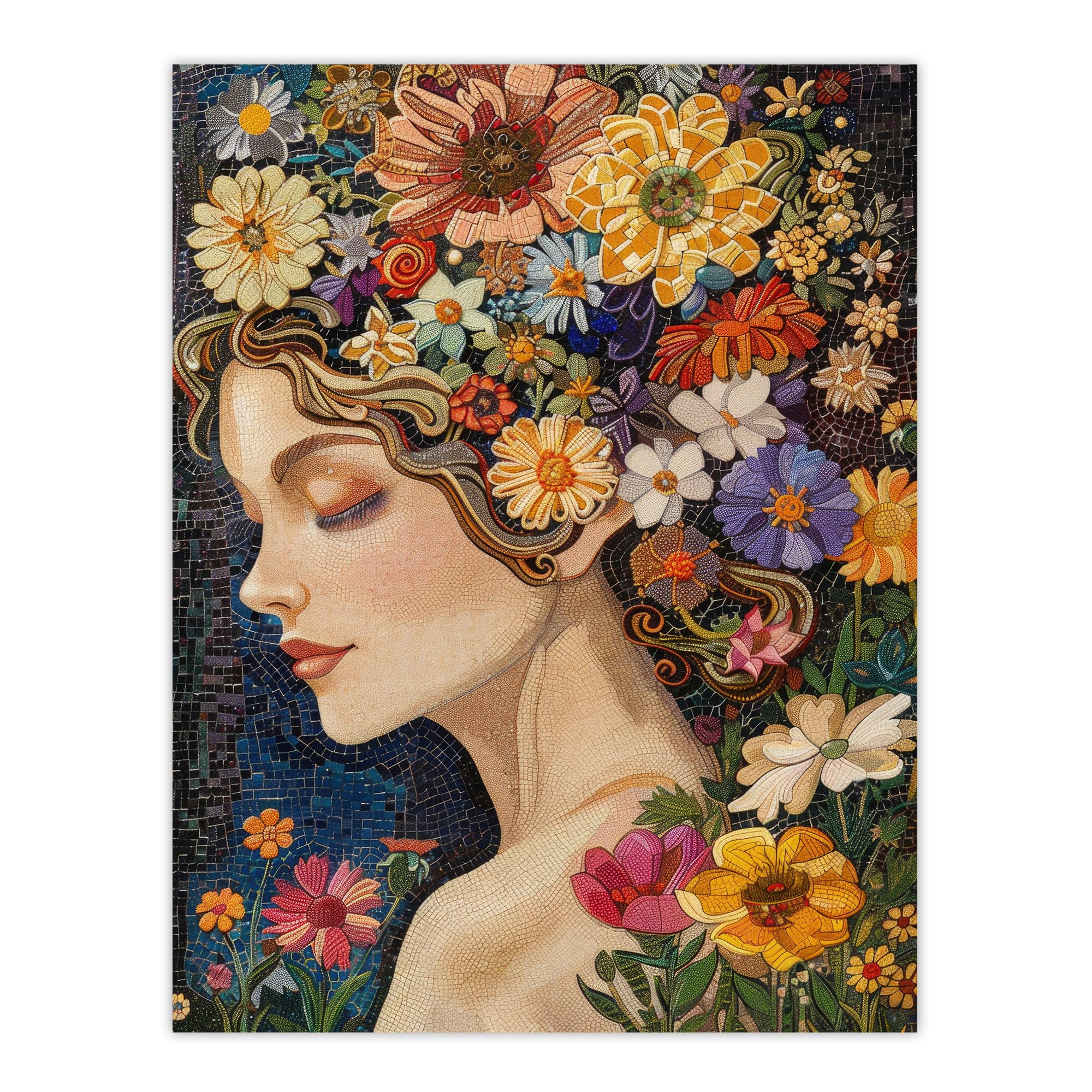 Artery8 Woman with Spring Flower Headdress Mosaic For Living Room Extra Large XL Wall Art Poster Print
