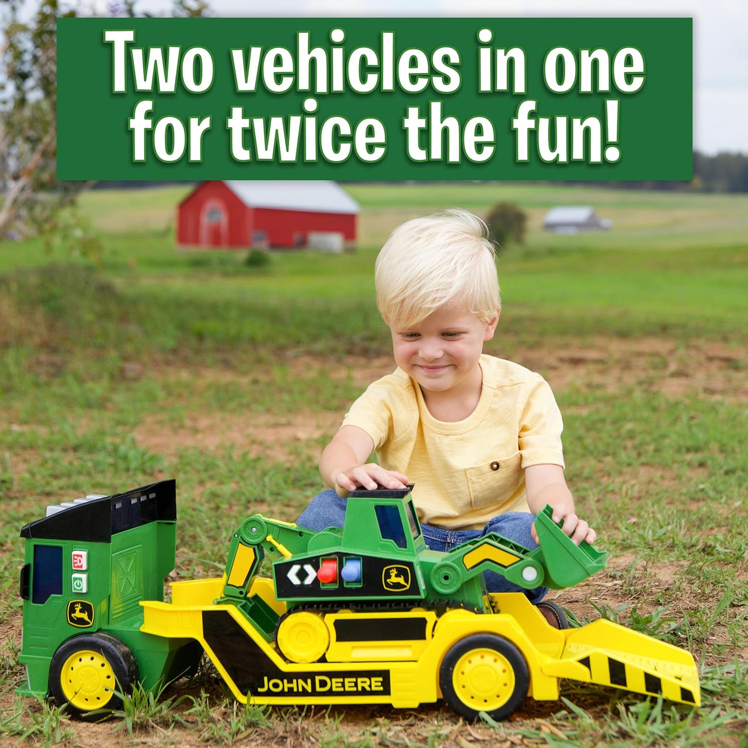 john deere 2ft extra large mega mover dual joystick motorized trucks: front loader & hoe with trailer, lights, sounds construction toys for kids 3+