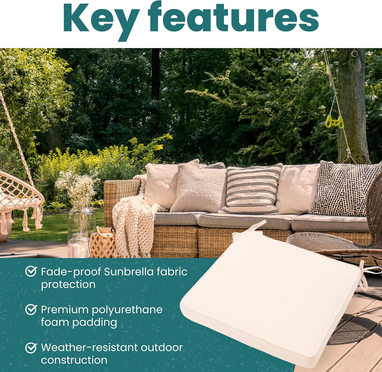 Outdoor Chair Cushions Set of 2 - Weather Resistant Patio Cushions with Sunbrella Fabric - UV Protection Seat Cushion Set - 20" x 18" x 3" in Canvas Natural