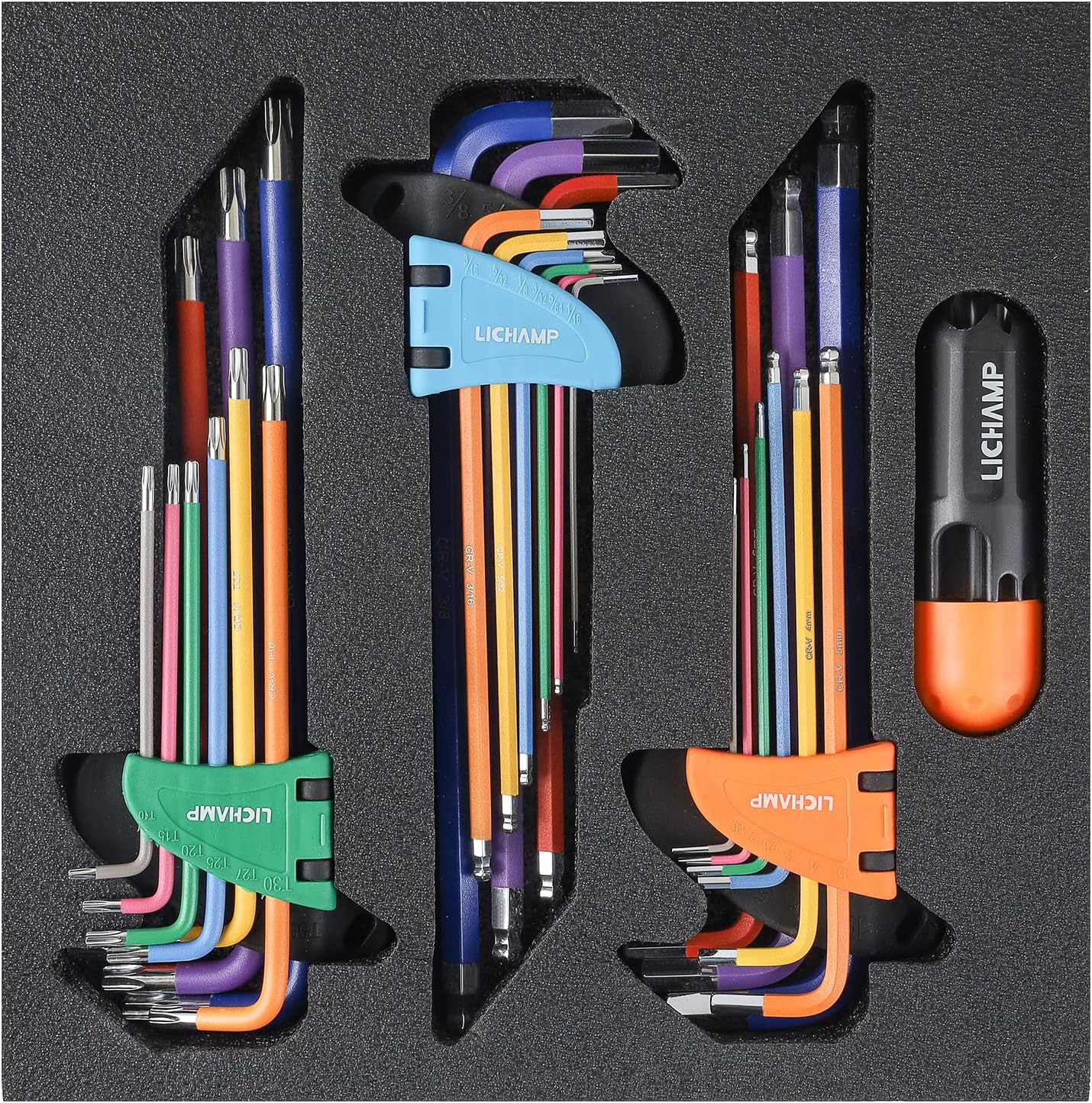 Lichamp 27-Piece Rainbow Allen Key Set, Torx SAE Metric Allen Wrenches Set with Colored Long Arm, Ball and Torx End, SAE 1/16 to 3/8 inch, Metric 1.5 to 10mm, Torx T10 to T50