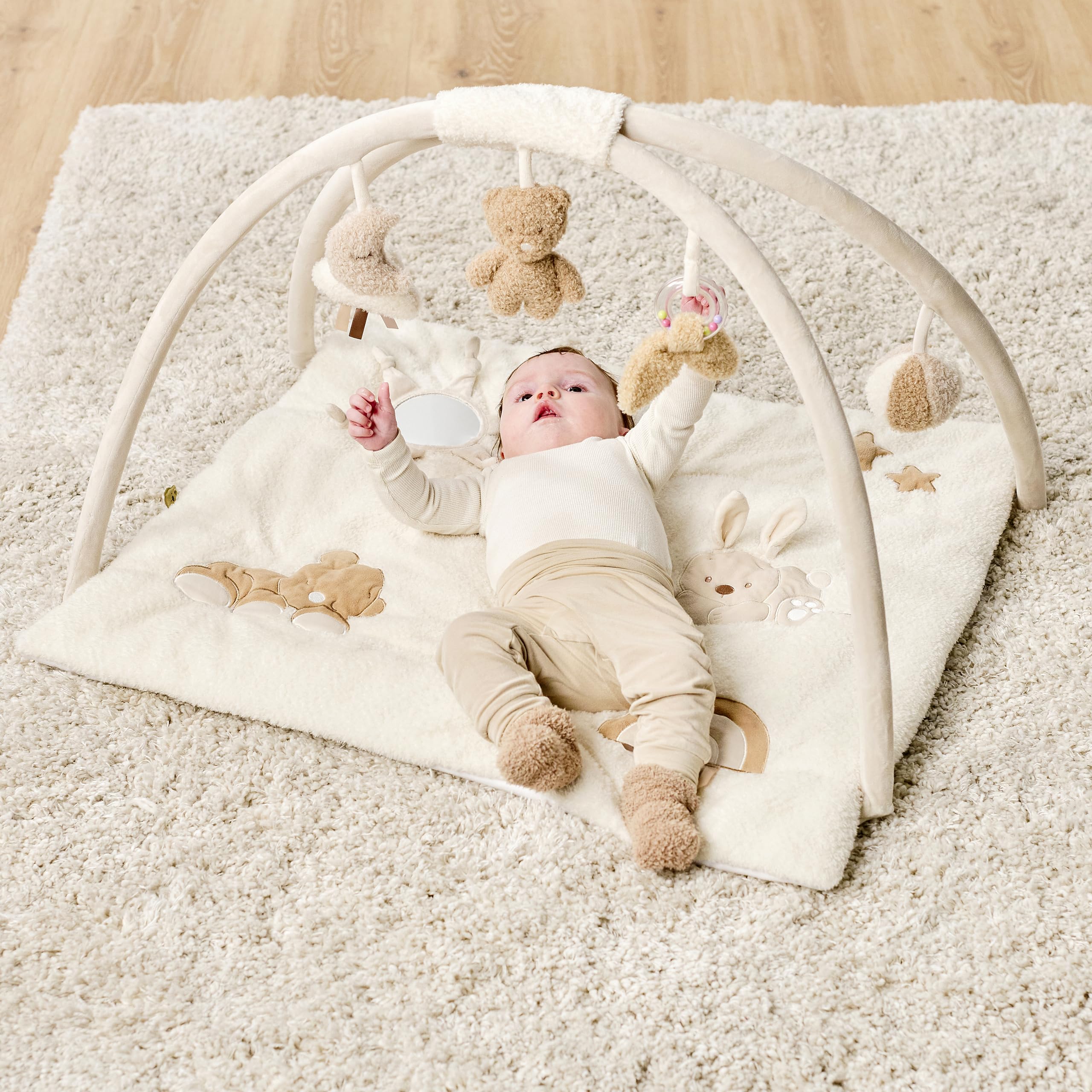 Nattou Coperta per Gattonare con Arco di Gioco e Varie Attività, Circa 70x80 cm, Rettangolare, 100% Poliestere, Teddy, Beige