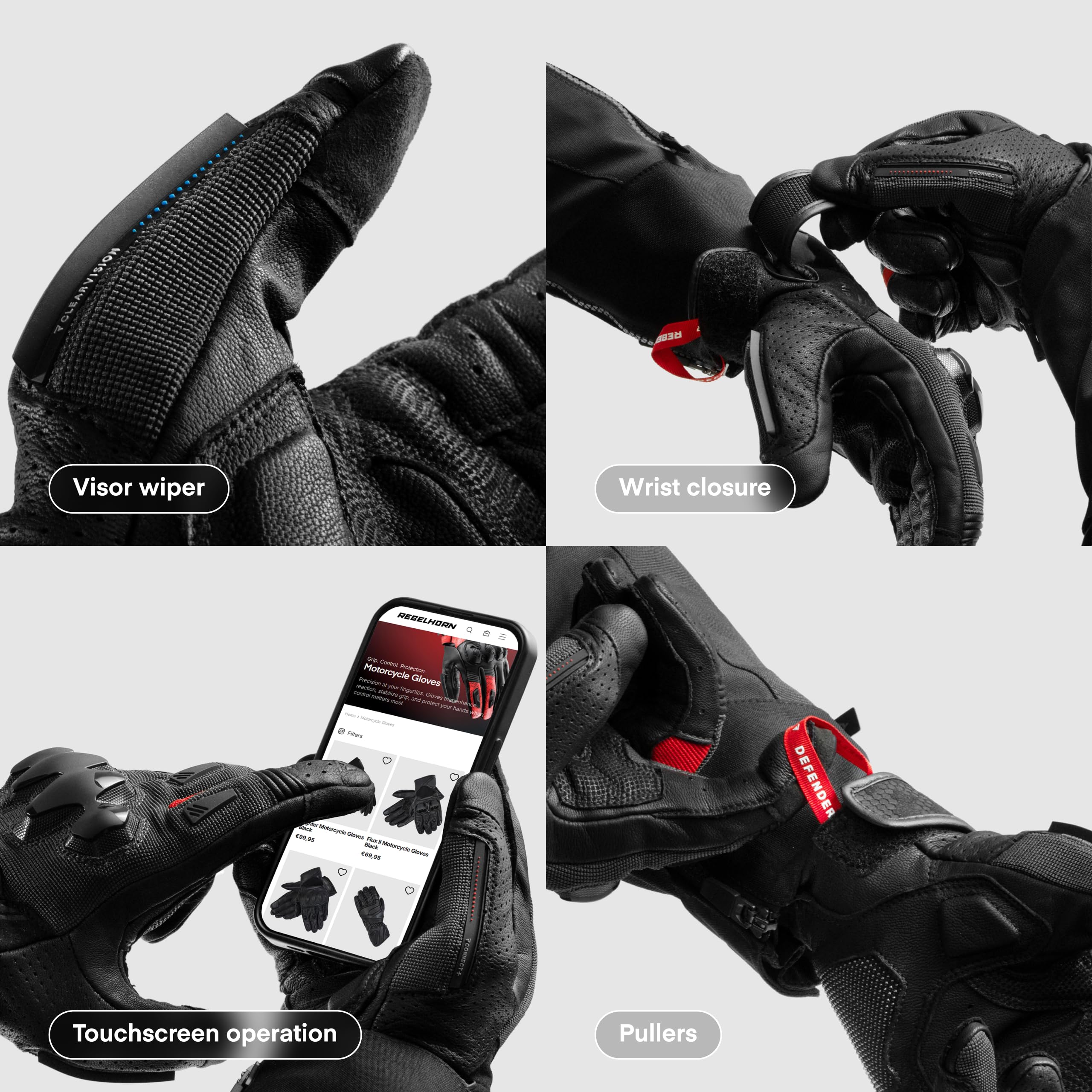 REBELHORN Defender Guanti da Moto Uomo | Pelle | Protezioni per le Caviglie | Pannelli di Ventilazione | Fodera Cooler-Tec | Supporto per Touchscreen | Livello di Protezione 1 KP | Taglie fino 3XL