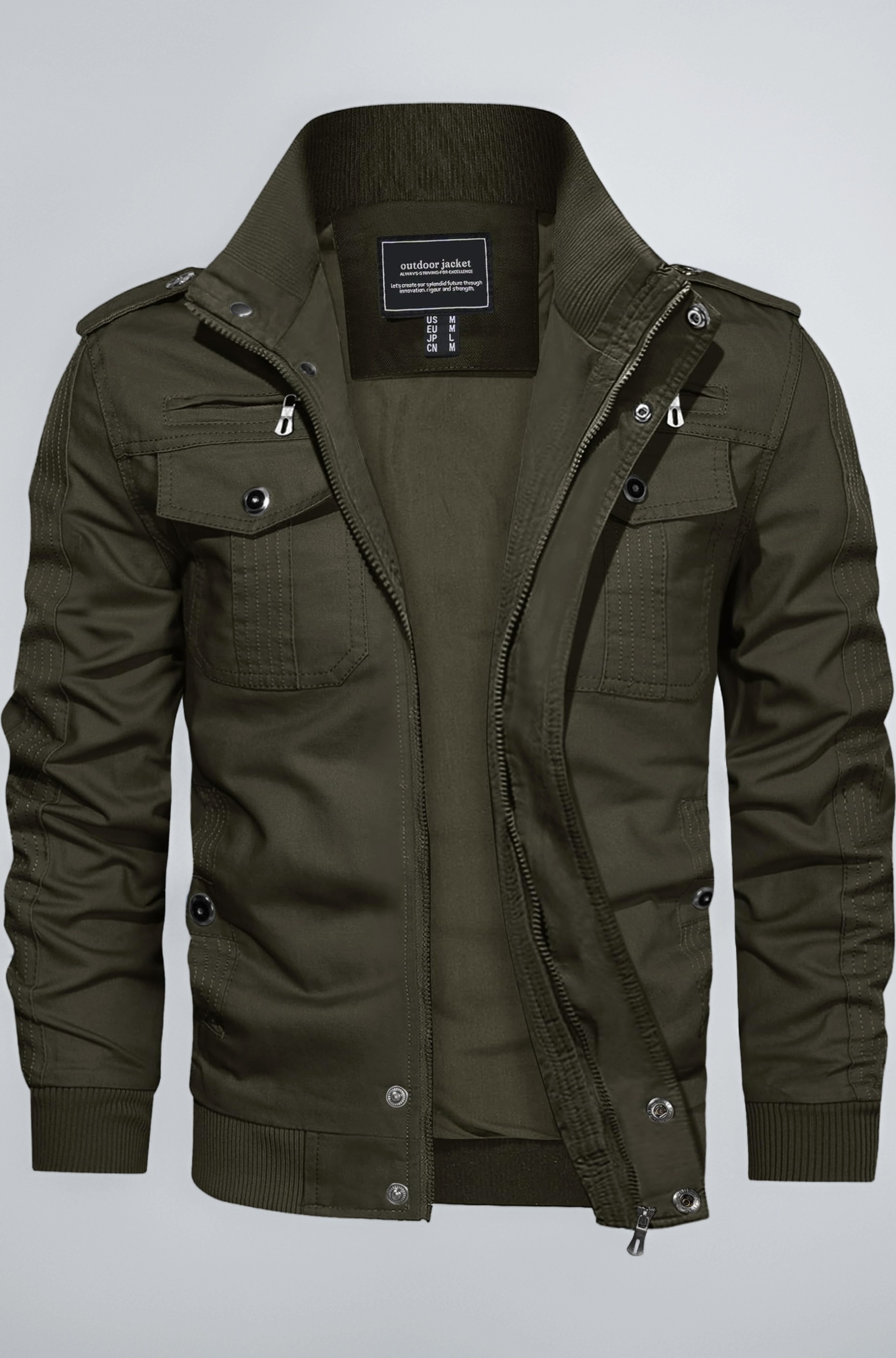 Cotton Men's Casual Lightweight Zip Harrington Standard Length Jacket Windbreaker Safari Cargo Jacket Army Green