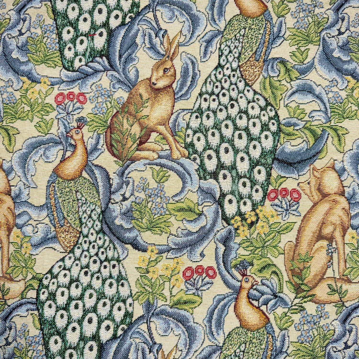 Tapestry Fabric William Morris - Forest on Natural Background - Hares Peacocks Wolves Animal Design - Upholstery - Curtain Material