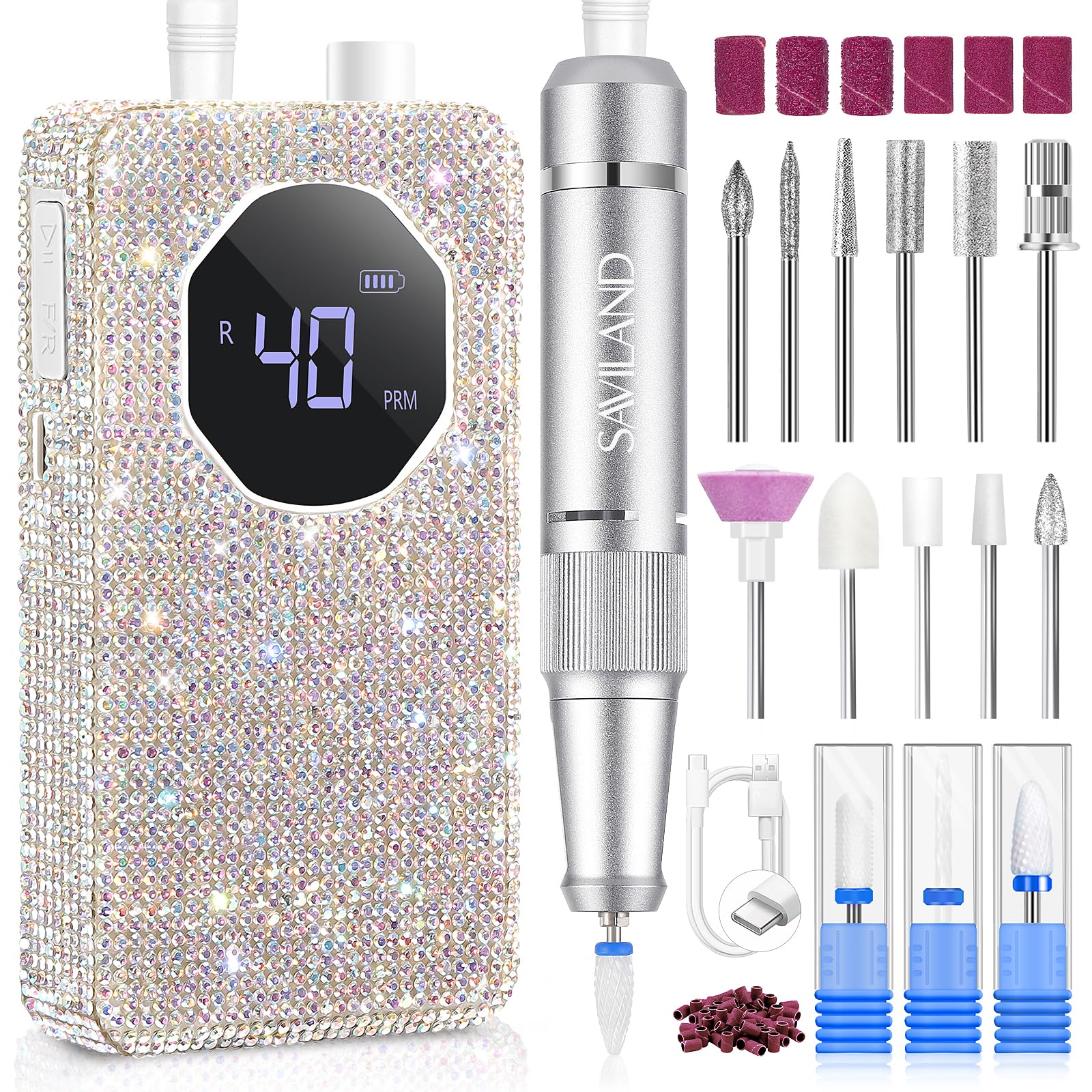 SAVILAND Nagelfräser Professionell 40000 U/min: Elektrische Nagelfeile Vibrationsarme für Acryl-Gel-Nägel mit Bits 4000 mAh Wiederaufladbar