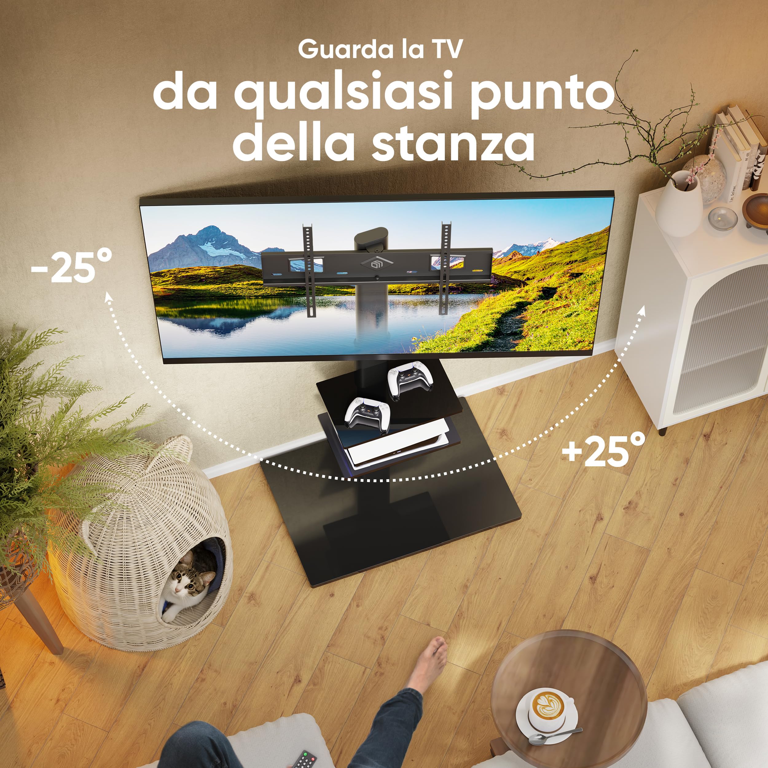 ONKRON Piedistallo TV da 32 a 65 pollici, Carico Totale 40 kg, Porta Televisore da Terra max VESA 600x400 mm, Piede TV Universale, Girevole, Porta Televisore con Ripiani, Nero, TS5550-B
