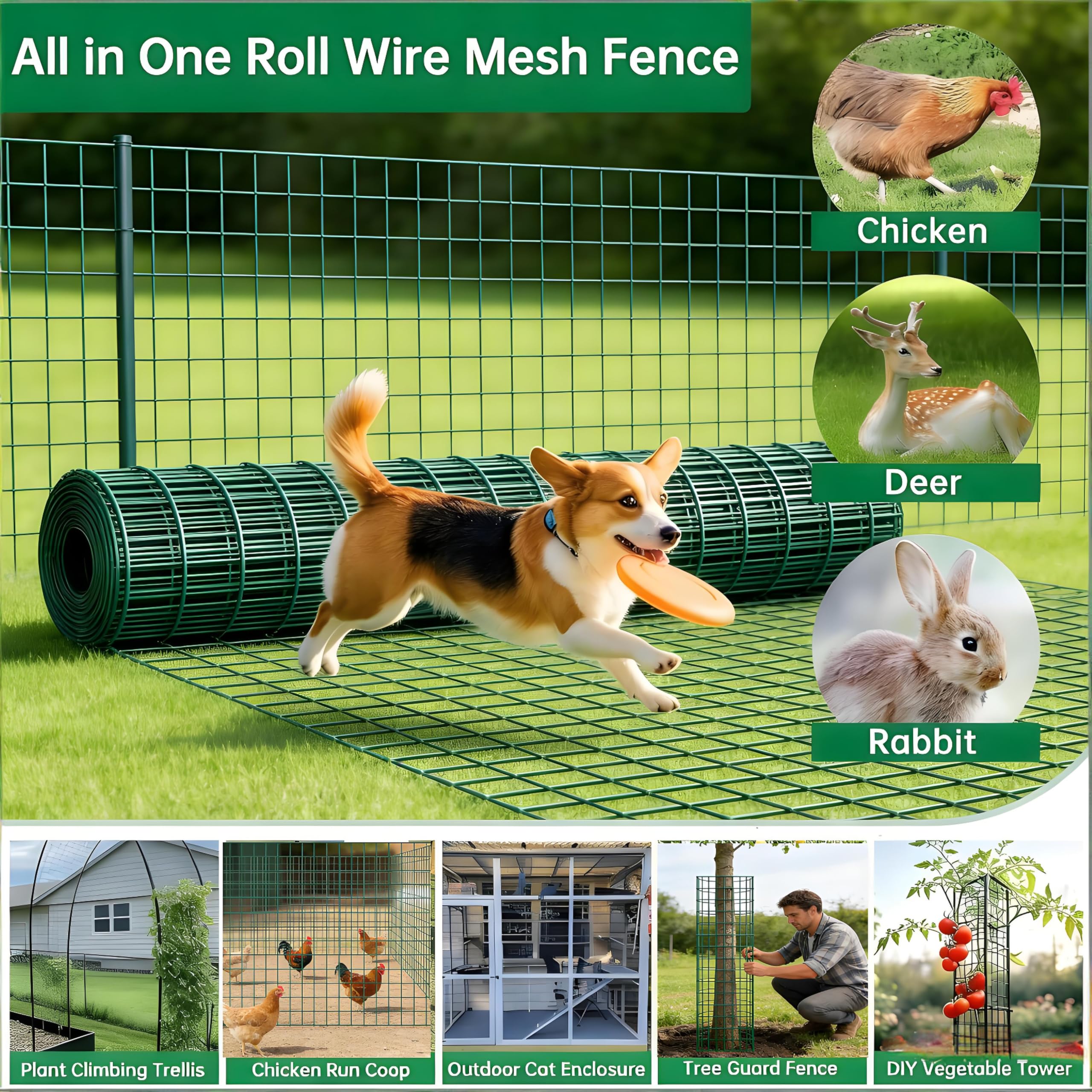 Amagabeli 1.0Mx10 M,Malla 50x75 cm,Malla Metalica Electrosoldada Galvanizada y PVC, Valla Metálica de Jardín, Rollo de 2.0 mm para Protección y Cercado Residencial, Verde RAL6005 (Conejera, Perros)