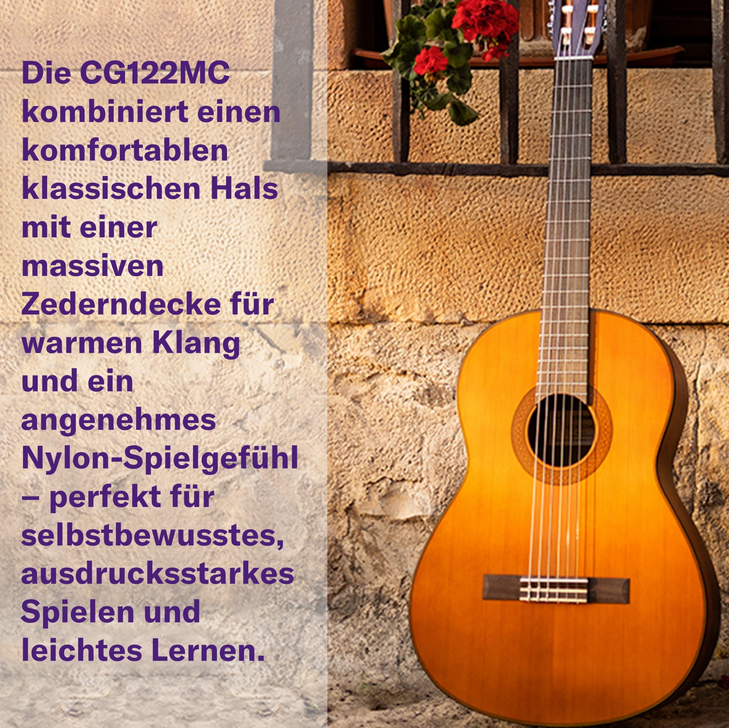 YAMAHA CG122MC Klassische Konzertgitarre in Vollgröße – Massive Zederndecke, 650-mm-Mensur, Nylonsaiten mit warmem, vollem Klang und hohem Spielkomfort