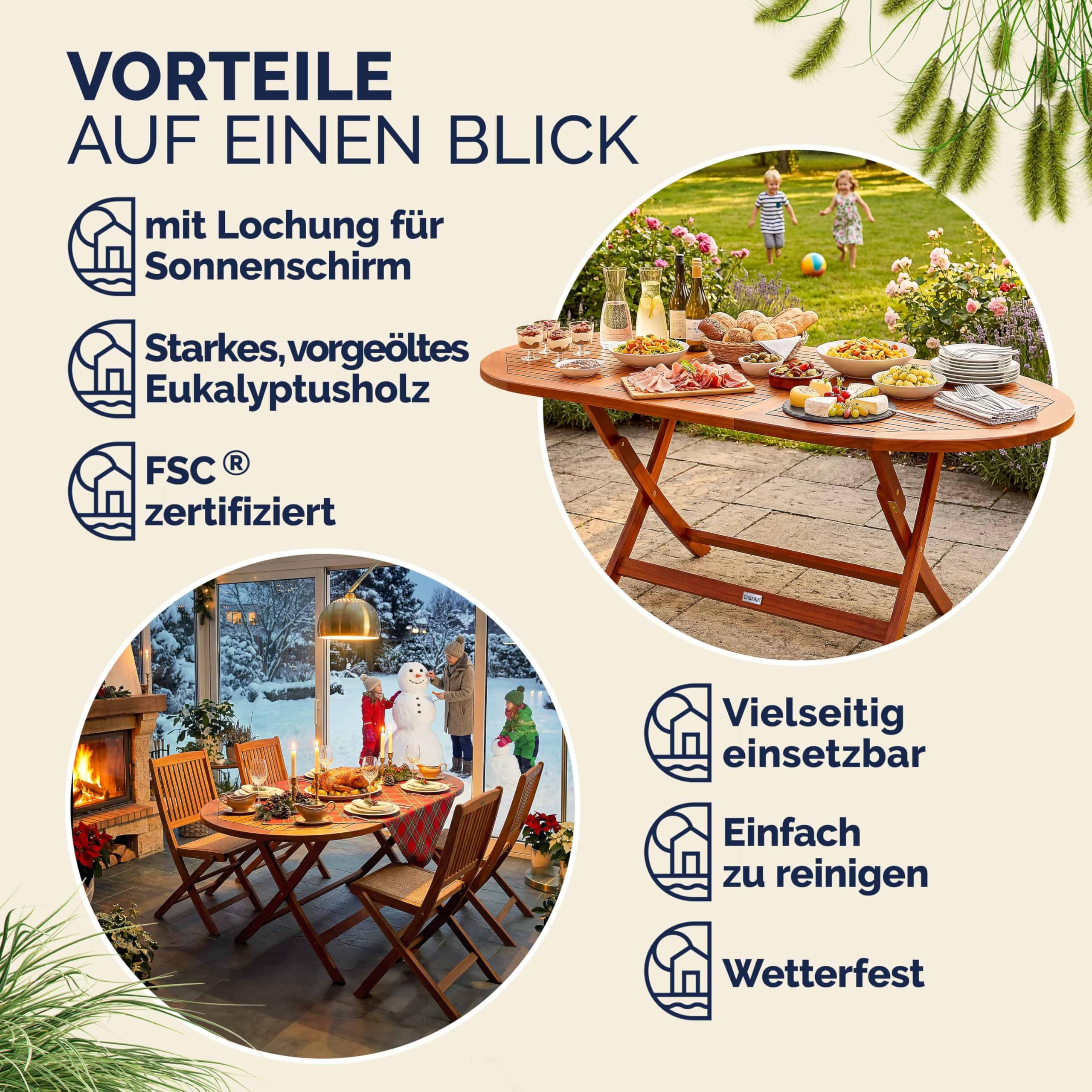 Casaria® Gartentisch Wetterfest Klappbar FSC®-Zertifiziert Holz Schirmständer 160x85cm 80kg Belastbarkeit Balkon Garten Terrasse Tisch Klapptisch Balkontisch Akazie