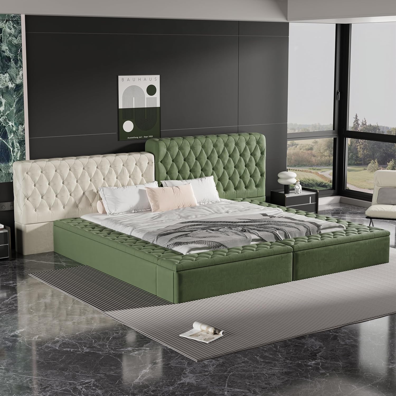 King Size Upholstered Bed Frame, Deep Button Tufted Footstool Storage and Track Storage Compartments, Profiled Headboard, Featured Bedroom Furniture, Green