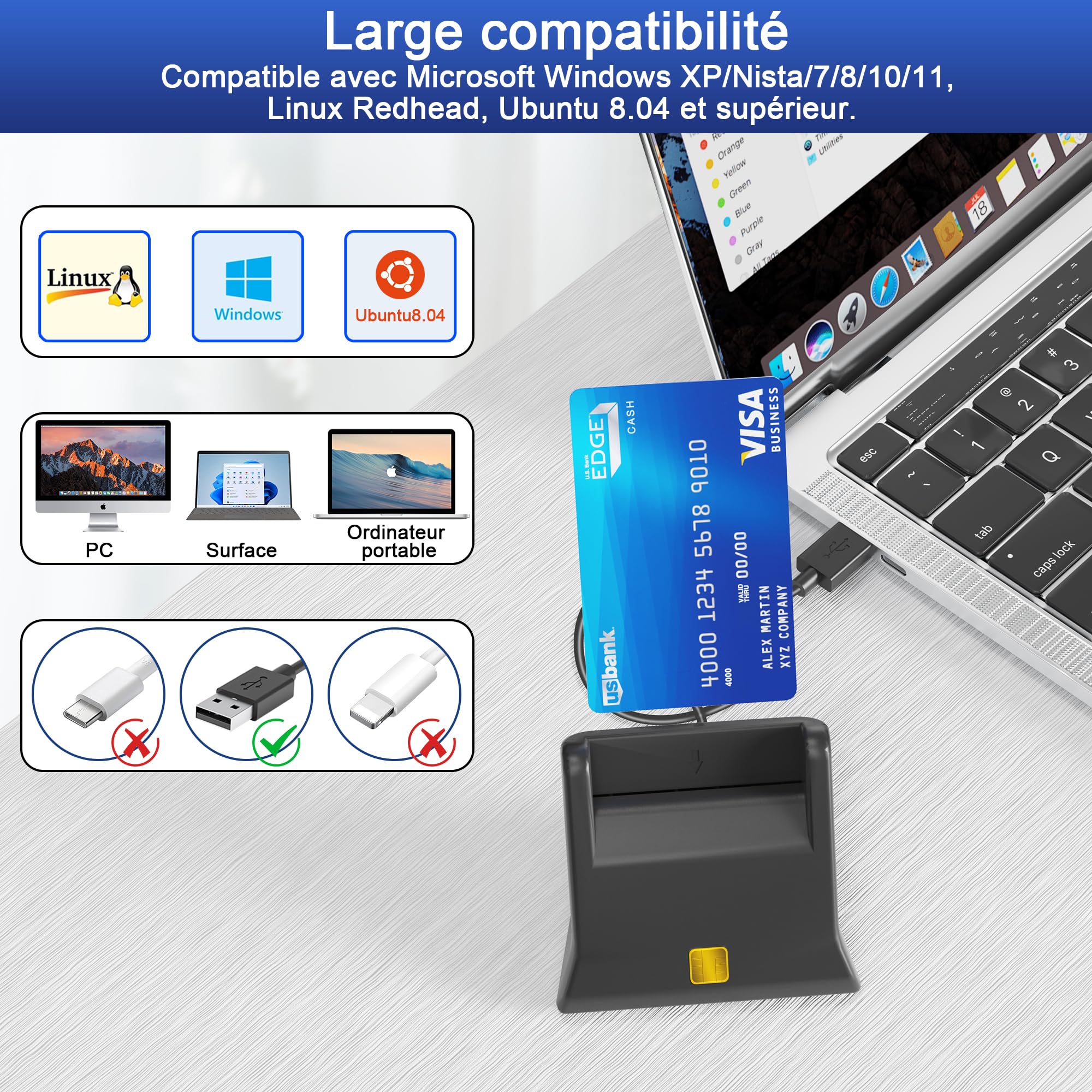 Lecteur Carte Identité Belge - ID Card Reader-Plug & Play-Conforme ISO 7816 Classe A,B,C, Câble de 50cm pour Identité Belge, Pas de Pilote nécessaire - LED de Contact