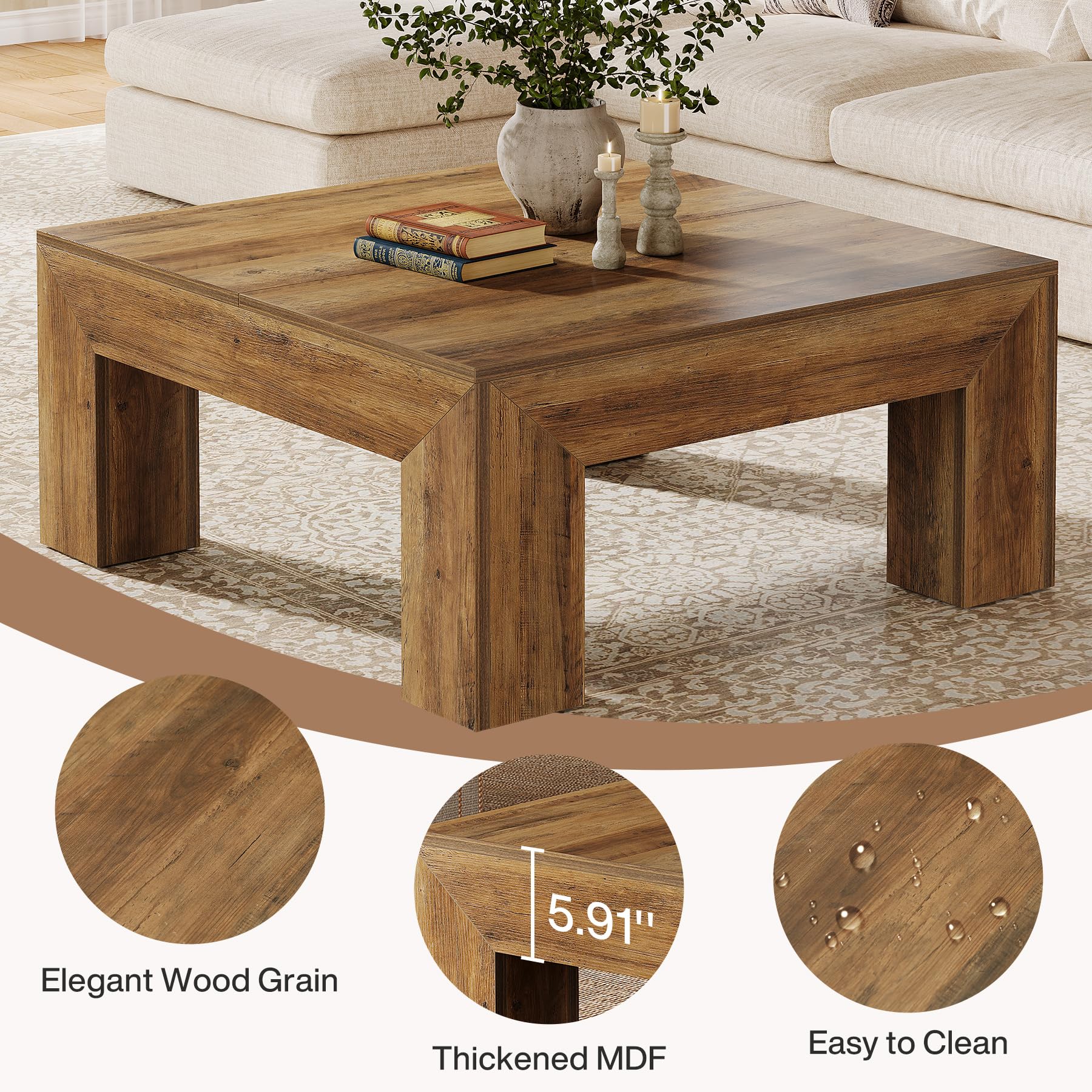 Tribesigns Mesa de Centro, Mesa Auxiliar para Salón o Comedor Sala de Estar Balcón Oficina, 100 x100 x 50 cm, Mesa de Centro Cuadrada con Patas de Madera Resistentes, Marrón Rústico
