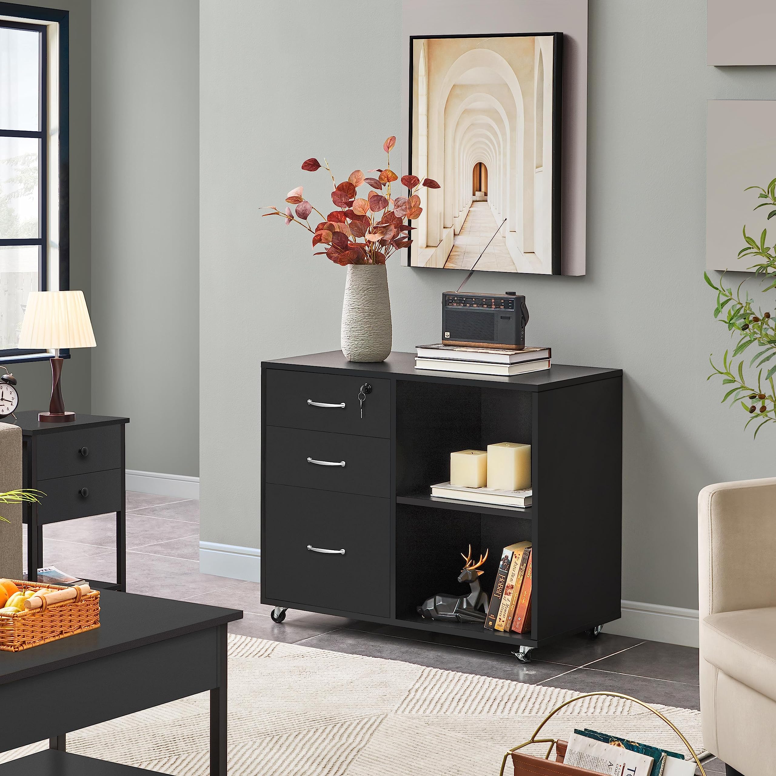 Abician Caisson de Bureau, Meuble Rangement de Dossiers avec 3 Tiroirs, 2 Compartiments Ouverts, 5 roulettes, Serrure, 80×40×65,5cm, pour Format A4, Documents, Lettres, Support d'imprimante Noir