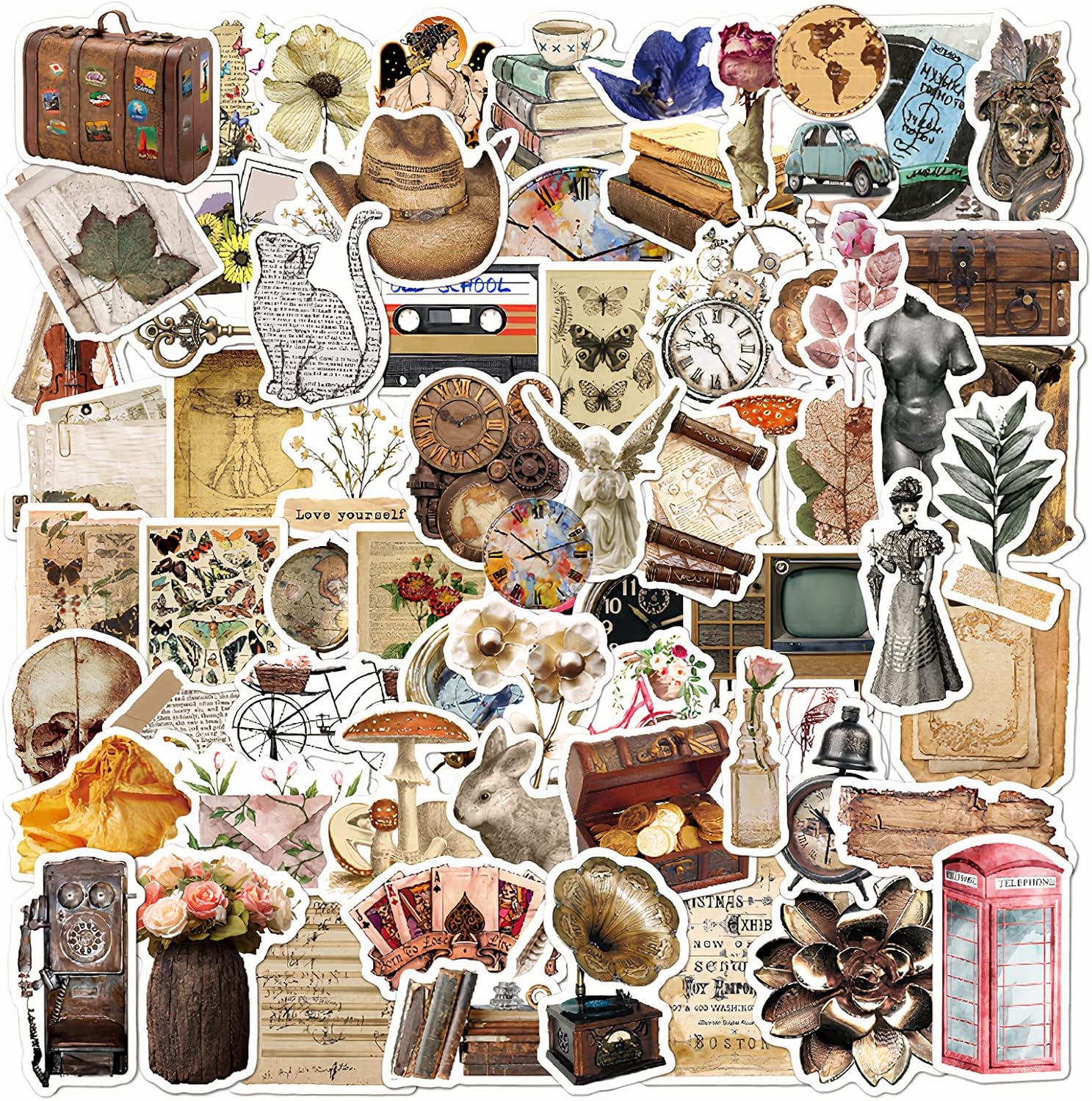 KAWAIIANS 100Pcs Vintage Aesthetic Stickers, Cottagecore Stickers, Retro Stickers for Journaling and Scrapbooking, Vinyl Decal for Kids Teens Adults (Vintage 100)