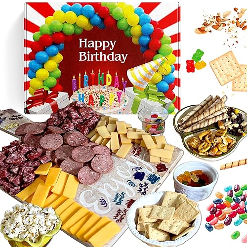 Happy Birthday Box For Him or Her Includes Delicious Meats, Cheese, Pretzels, Popcorns, Cookies, and Haribro Gummy Bears | Meat and Cheese Gift