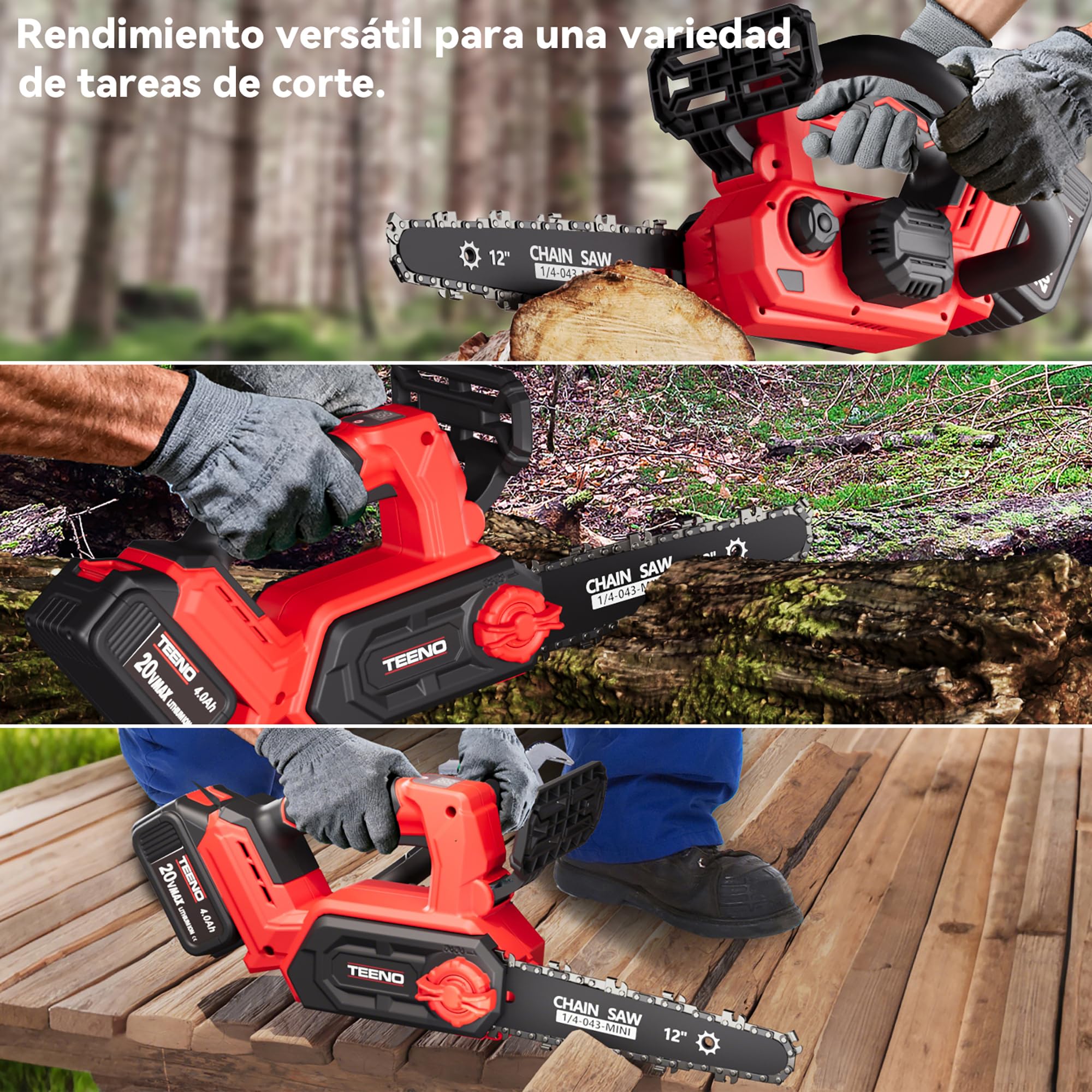 Motosierra a Batería 12 Pulgadas, 1200W Brushless Sierra Eléctrica Inalámbrica con 2 Baterías 4.0Ah y Cargador, Tensado de Cadena sin Herramientas, Corte de Madera y Poda de Árboles