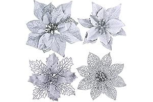24 Pcs 4 Styles Christmas Silver Metallic Mesh Glitter Artificial Poinsettia Flower...