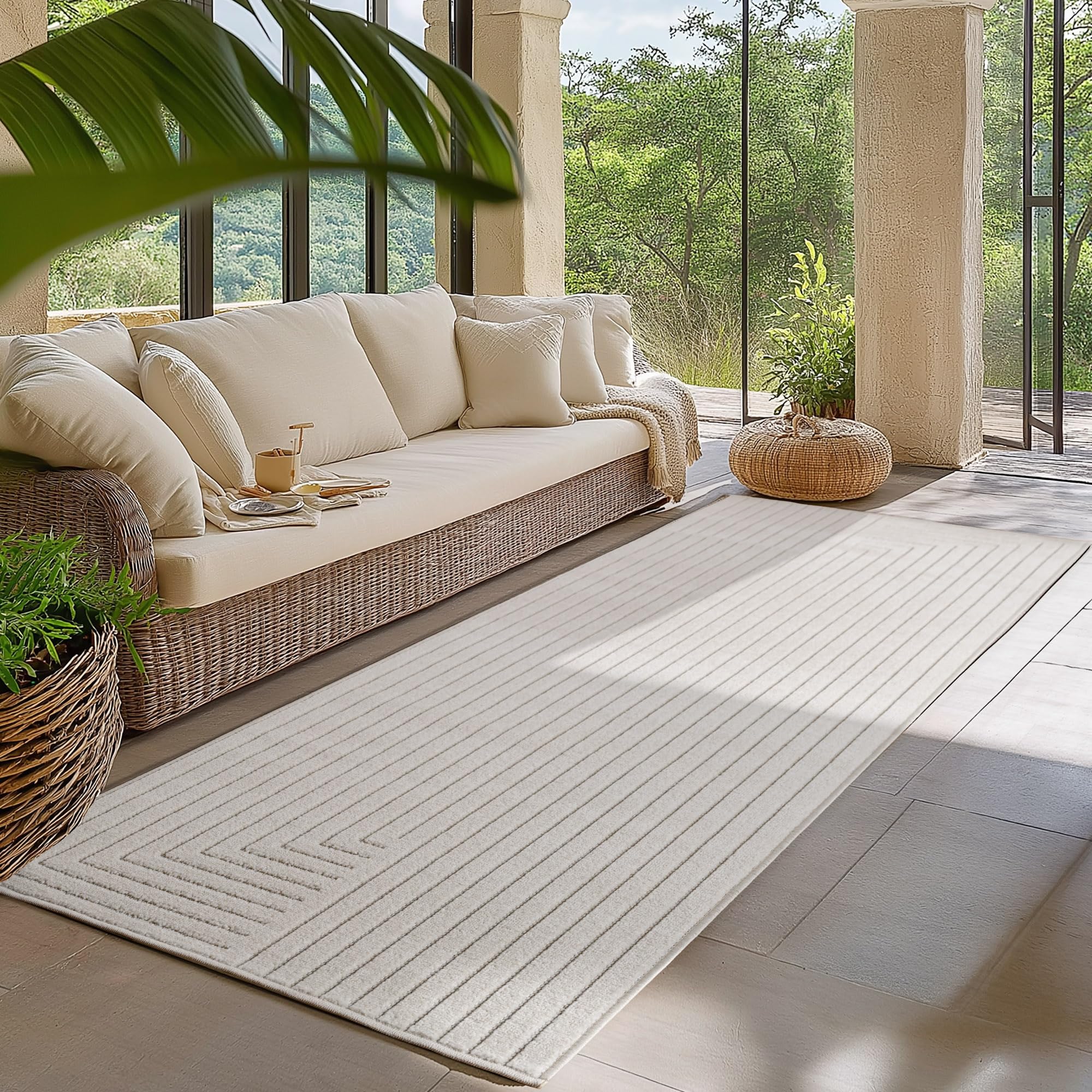 HomebyHome Kurzflor Teppich Wohnzimmer Schlafzimmer 3D Hoch-Tief-Effekt, Skandinavisch Boho Motiv, für Outdoor Bereich geeignet Terrassen oder im Balkon