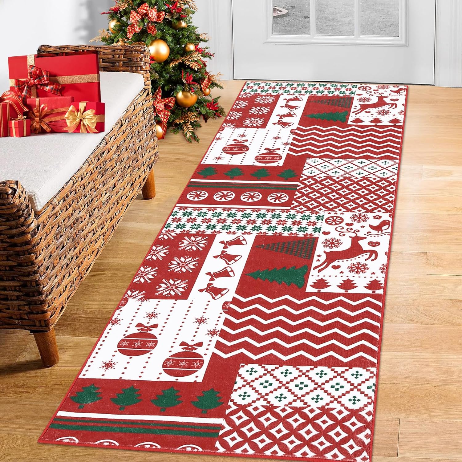 RUGSREAL Christmas Runner Rug Christmas Patchwork Hallway Christmas Runner Rugs