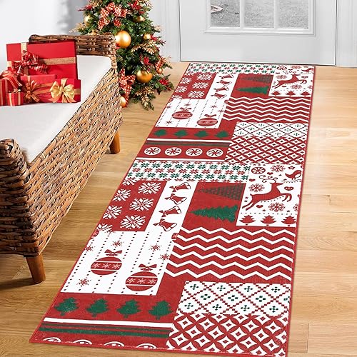 RUGSREAL Alfombra de pasillo de Navidad con árbol de Navidad y ciervos, alfombra decorativa de Navidad, lavable a máquina, alfombra de piso para