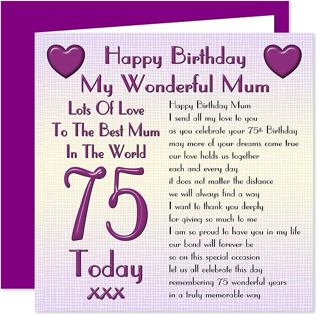 Mum 75th Happy Birthday Card - Lots Of Love To The Best Mum In The World - 75 Today