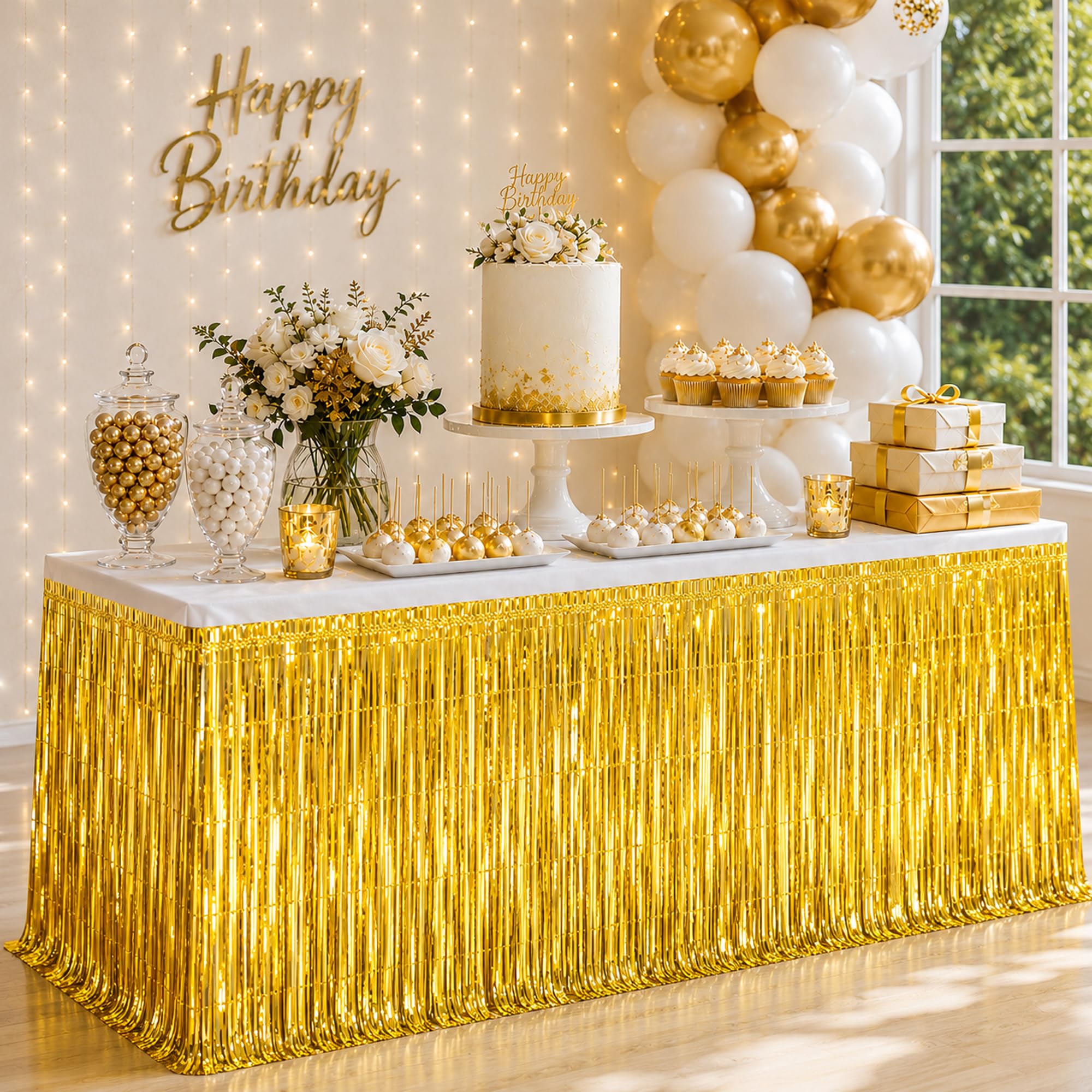 Gold Foil Fringe Table Skirt, 2 Pack, Metallic Tinsel Streamers, 29x108 In
