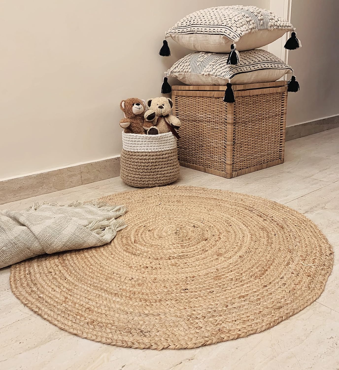 Hand Woven Braided Jute Rug 3ft Round Natural Reversible Boho Farmhouse Rug for Entryway Kitchen and Living Room
