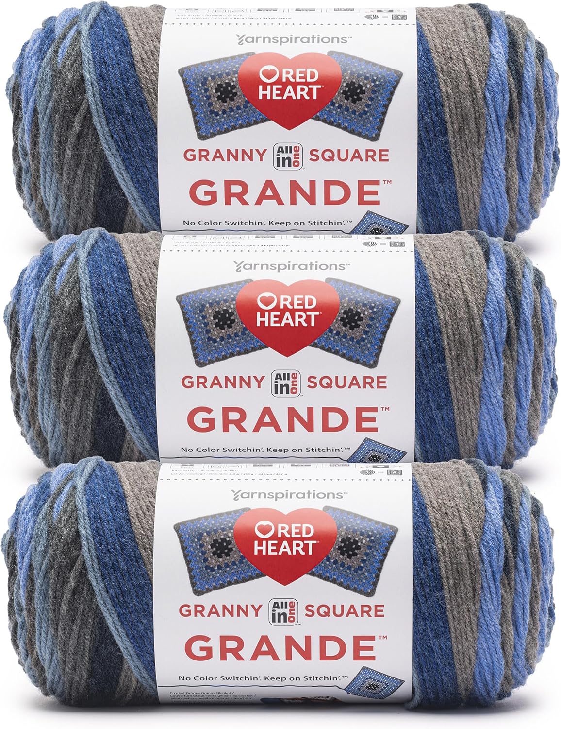 Red Heart All in One Granny Square Grande Blue Ribbon Yarn - 3 Pack of 250g/8.8oz - 100% Acrylic - #4 Worsted (Medium) - 440 Yards - Knitting/Crochet
