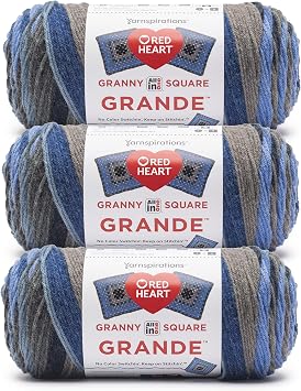 Red Heart All in One Granny Square Grande Blue Ribbon Yarn - 3 Pack of 250g/8.8oz - 100% Acrylic - #4 Worsted (Medium) - 440 Yards - Knitting/Crochet