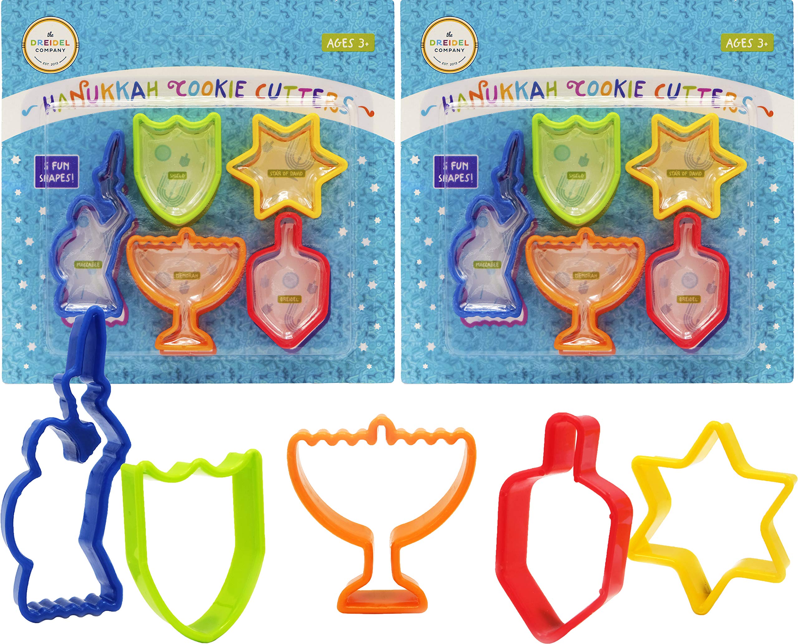 The Dreidel Company Hanukkah Shaped Cookie Cutters (5) - Menorah, Dreidel, Maccabee, Star of David, Maccabee Shield (2-Pack)