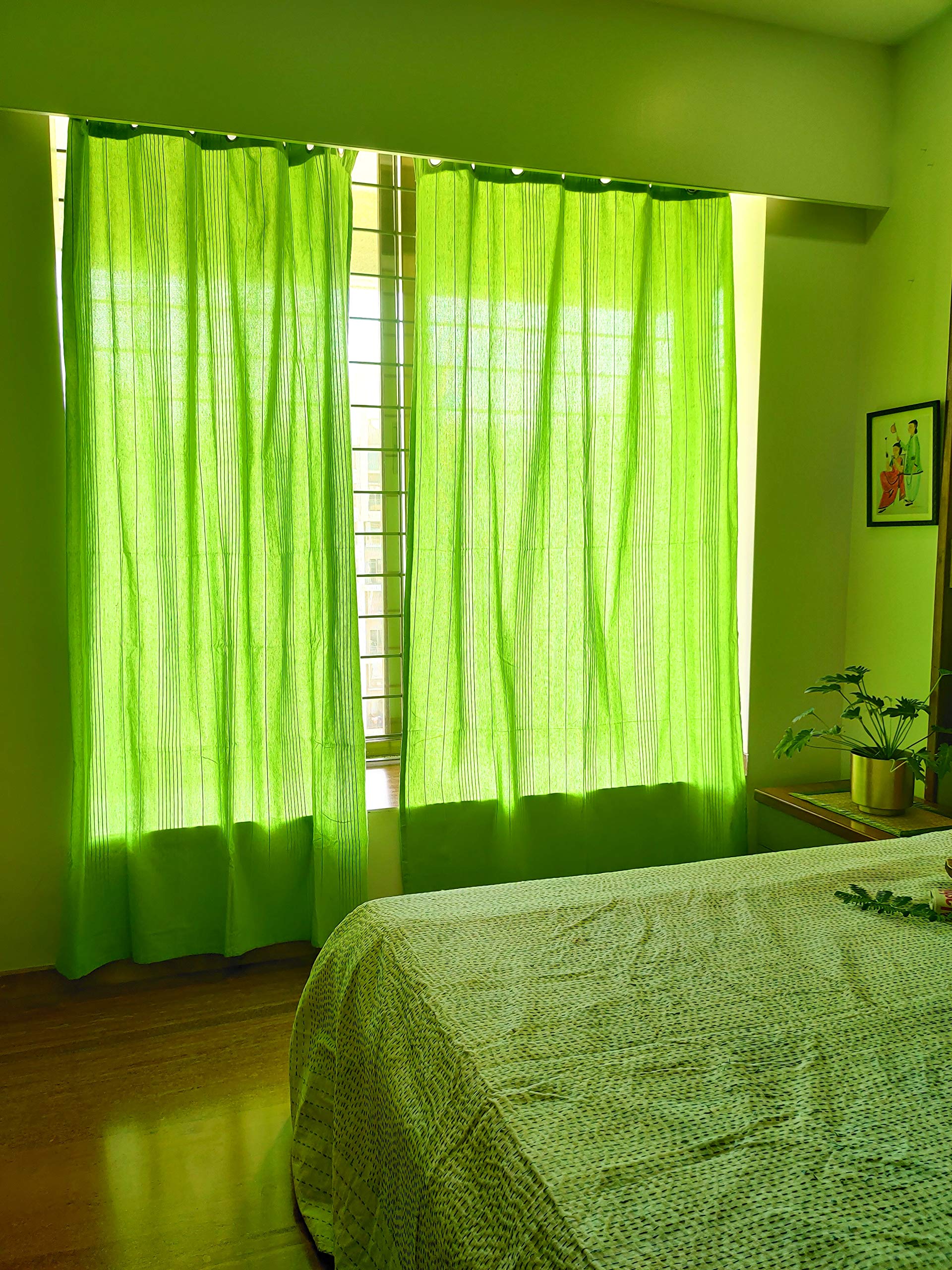 RANGBHAR Handloom Cotton Curtains For Door, 7 Feet Long Set Of 2 With Eyelets, (Solid Green, Door-7 X 4 Feetsemi Sheer)
