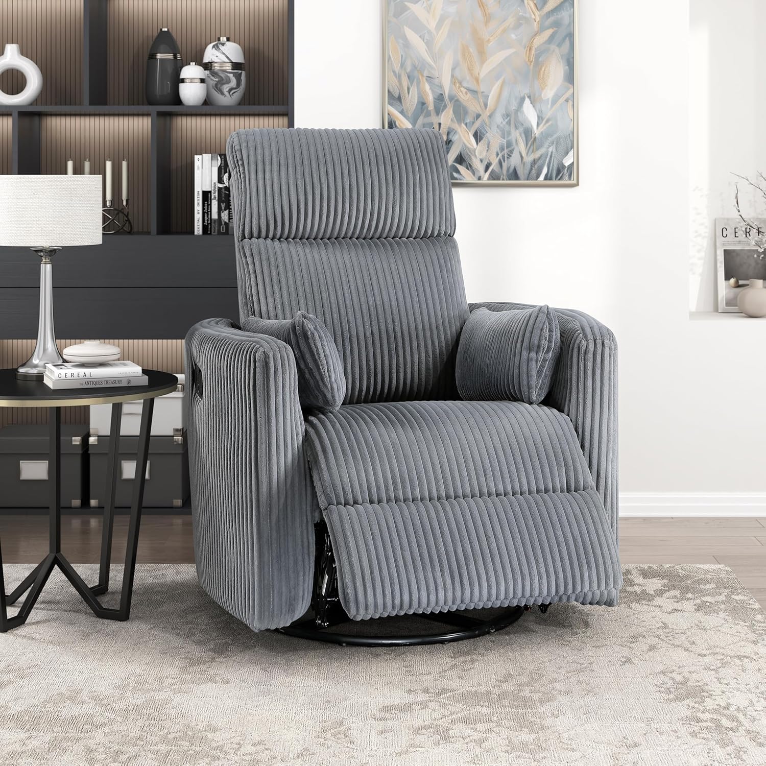 Lexicon Modern Swivel Glider Recliner Chair, Nursery Glider, Corduroy Fabric Upholstery Recliner with 2 Lumbar Pillows, Manual Reclining Sofa Chair for Living Room/Office/Apartment, Grey
