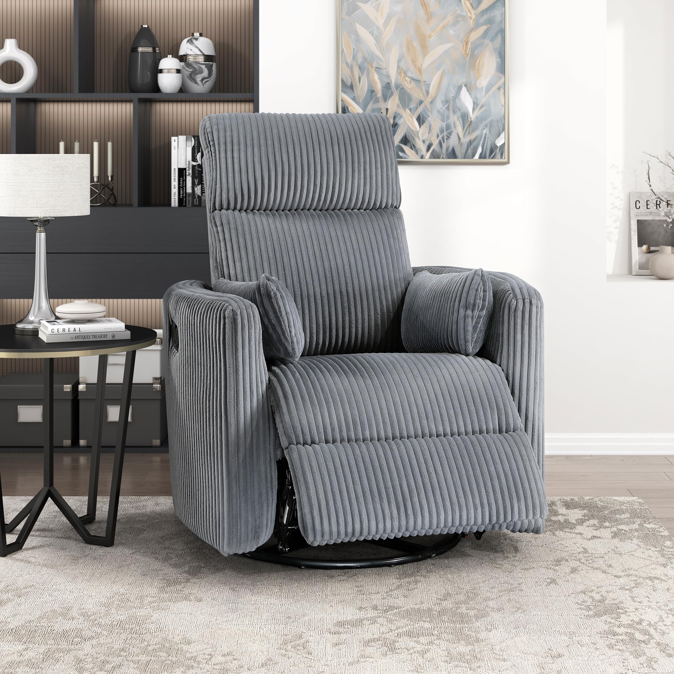 Lexicon Modern Swivel Glider Recliner Chair, Nursery Glider, Corduroy Fabric Upholstery Recliner with 2 Lumbar Pillows, Manual Reclining Sofa Chair for Living Room/Office/Apartment, Grey