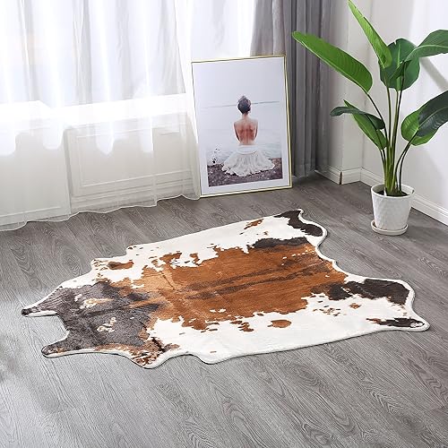 Miniatura 9 de Tapete con estampado de vaca de 4.1 x 4.2 pies, tapete para el hogar de piel de vaca sintética, Poliéster & Mezcla de poliéster, Marrón
