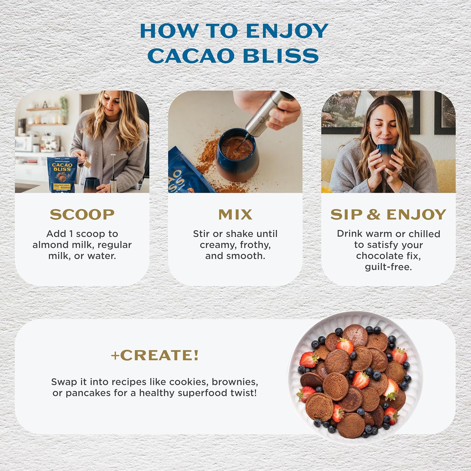 Earth Echo Cacao Bliss - Ceremonial Grade Organic Raw Cacao Powder with MCT Oil & Turmeric - Supports Energy Boost, Mindful Snacking & Focus - Unsweetened, Vegan, GMO & Gluten-Free, 30 Servings