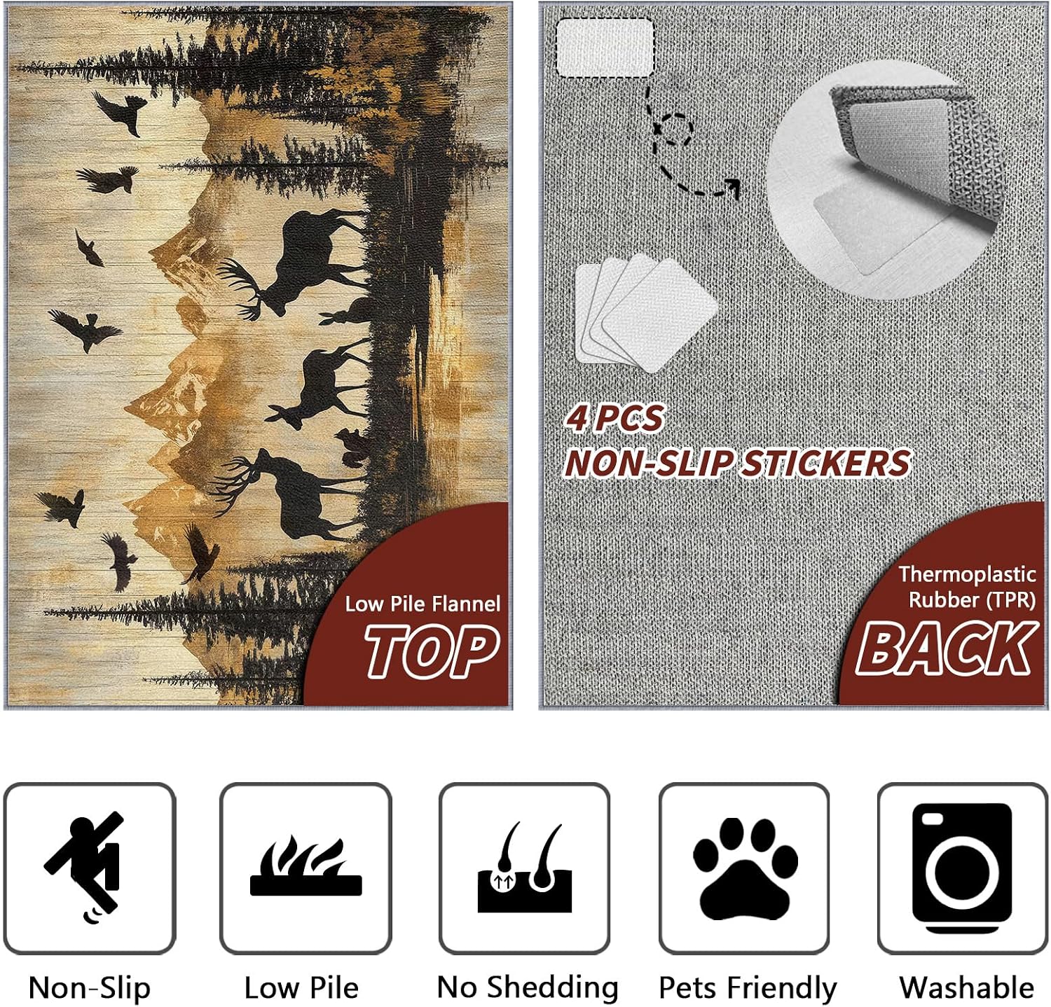 Wildlife Rugs for Cabin - Wildlife Rug, 5x7 Rug, Deer Moose Wild Animal Silhouette Area Rug, Rustic Wood Print Carpet, Washable & Non Slip & Soft Large Rugs, Wildlife Home Decor