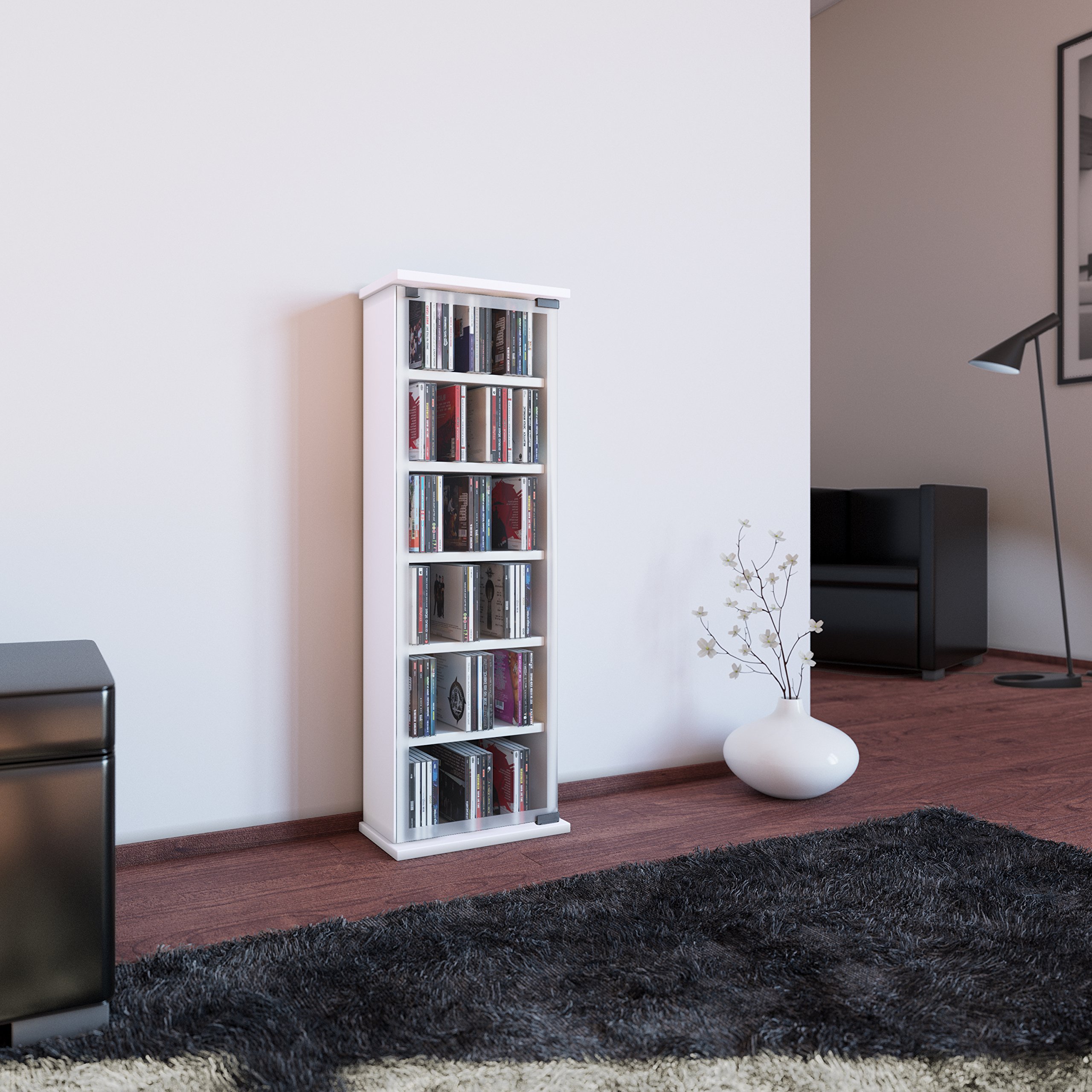 VCM CD Regal Holz | CD Schrank mit ESG-Sicherheitsglastüren für 204 CDs oder 72 DVDs | Maße: H. 92 x B. 31 x T. 18 cm | Blu ray Regal | CD Regal - Classic