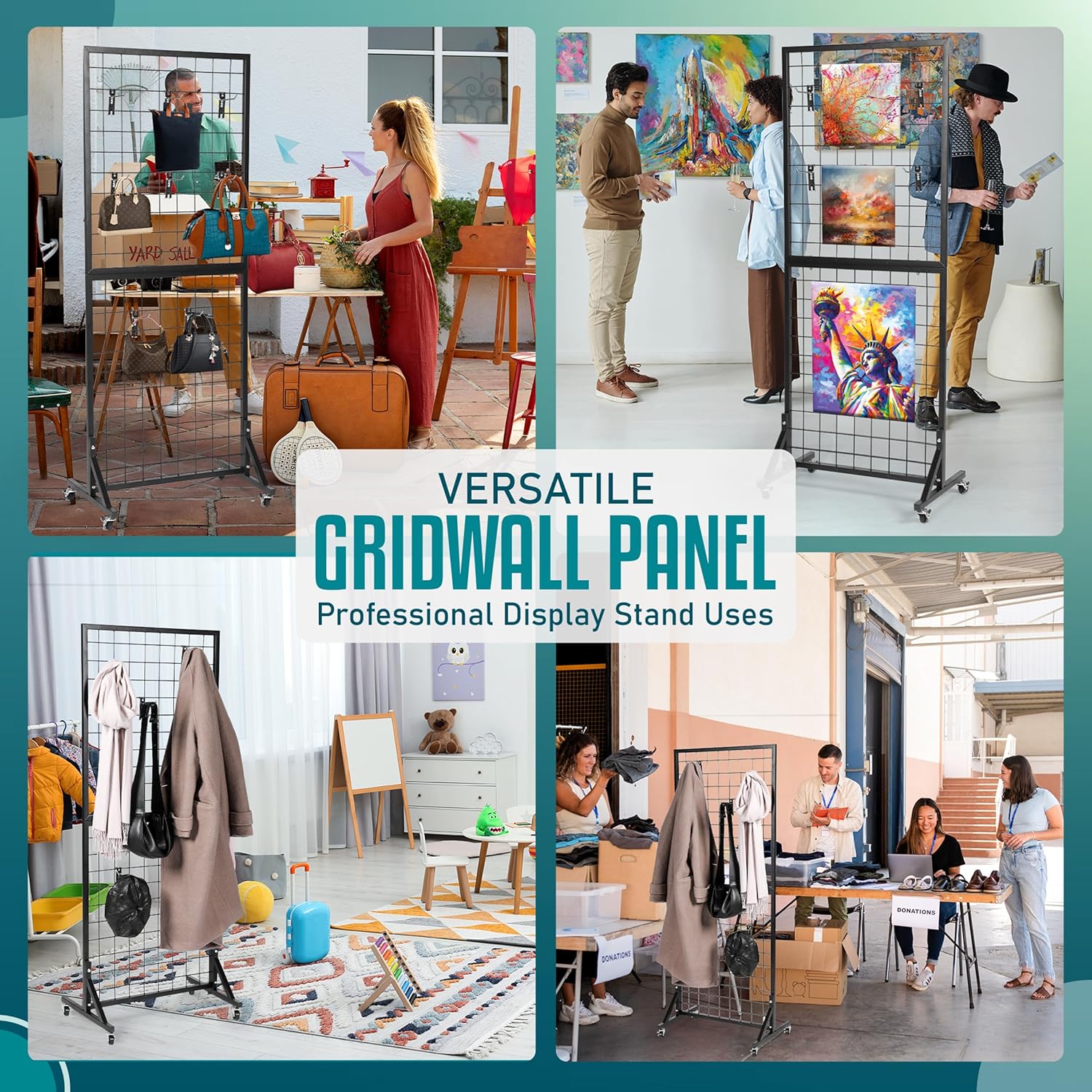2 Gridwall Panels | 5 FT Tall x 2 FT Wide Portable Display Stand for Vendor Events with Caster Wheels | Heavy Duty Grid Wall with 16 Hooks Included | Gridwall Panel Display Stand for Easy Assembly
