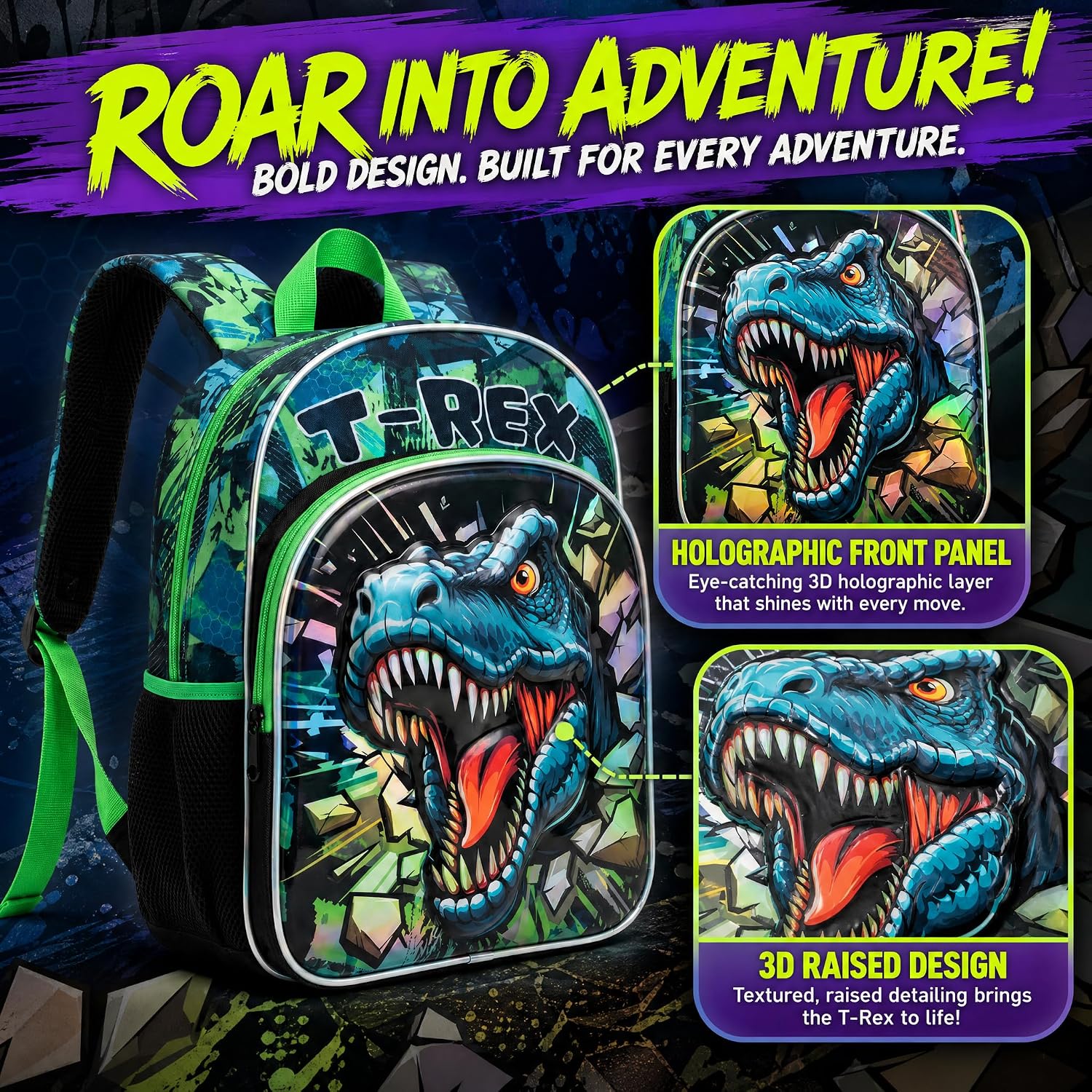 17" Dinosaur Backpack for Boys,3D Holographic T-Rex Dino Backpack