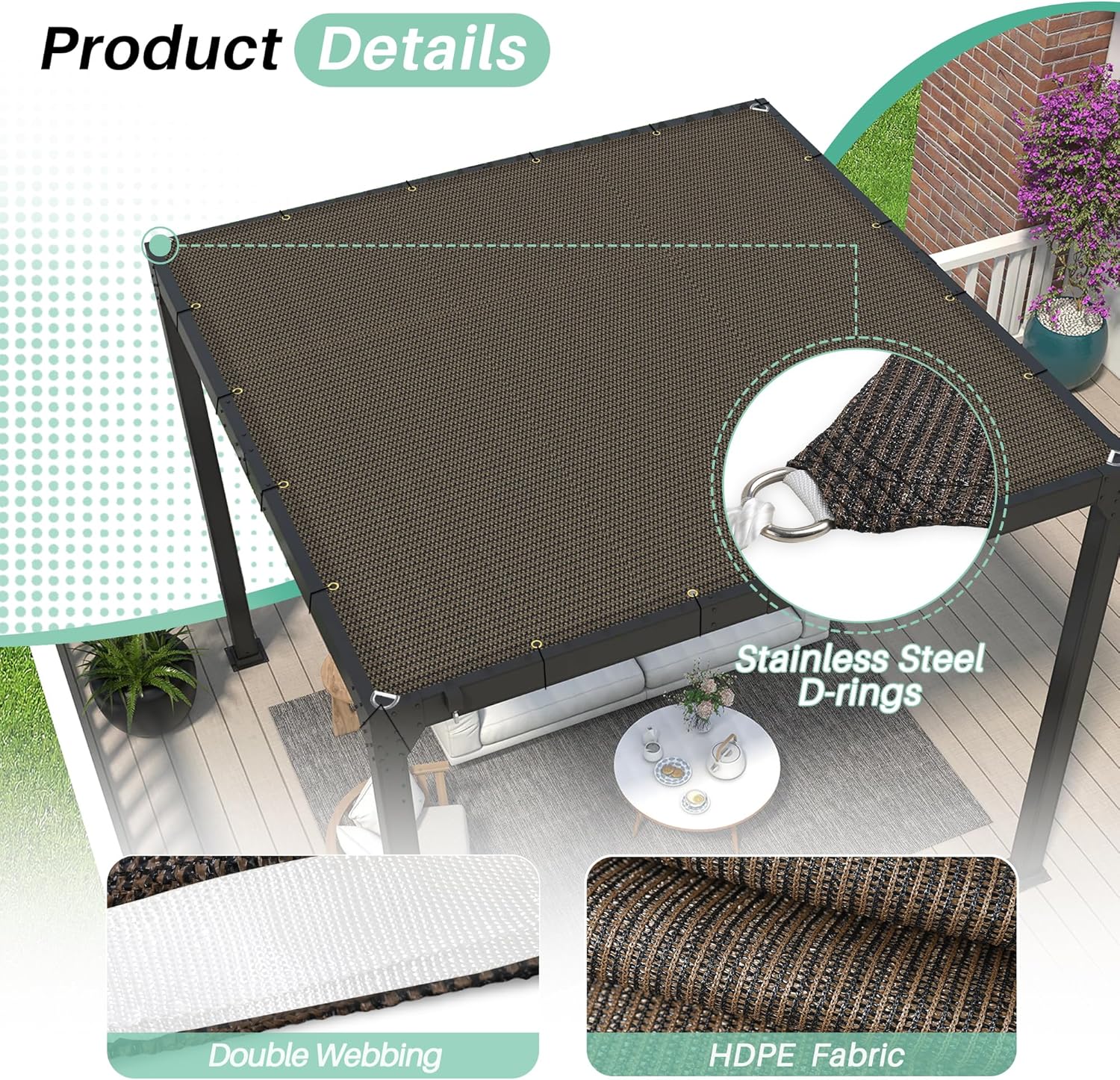 SunnyRoyal 2'x3' Sun Shade Sail Straight Edge with Grommet Rectangle Canopy Awning Fabric Cloth Screen 98% UV Block 240GSM Heavy Duty Commercial Grade Outdoor Patio Carport (Brown)