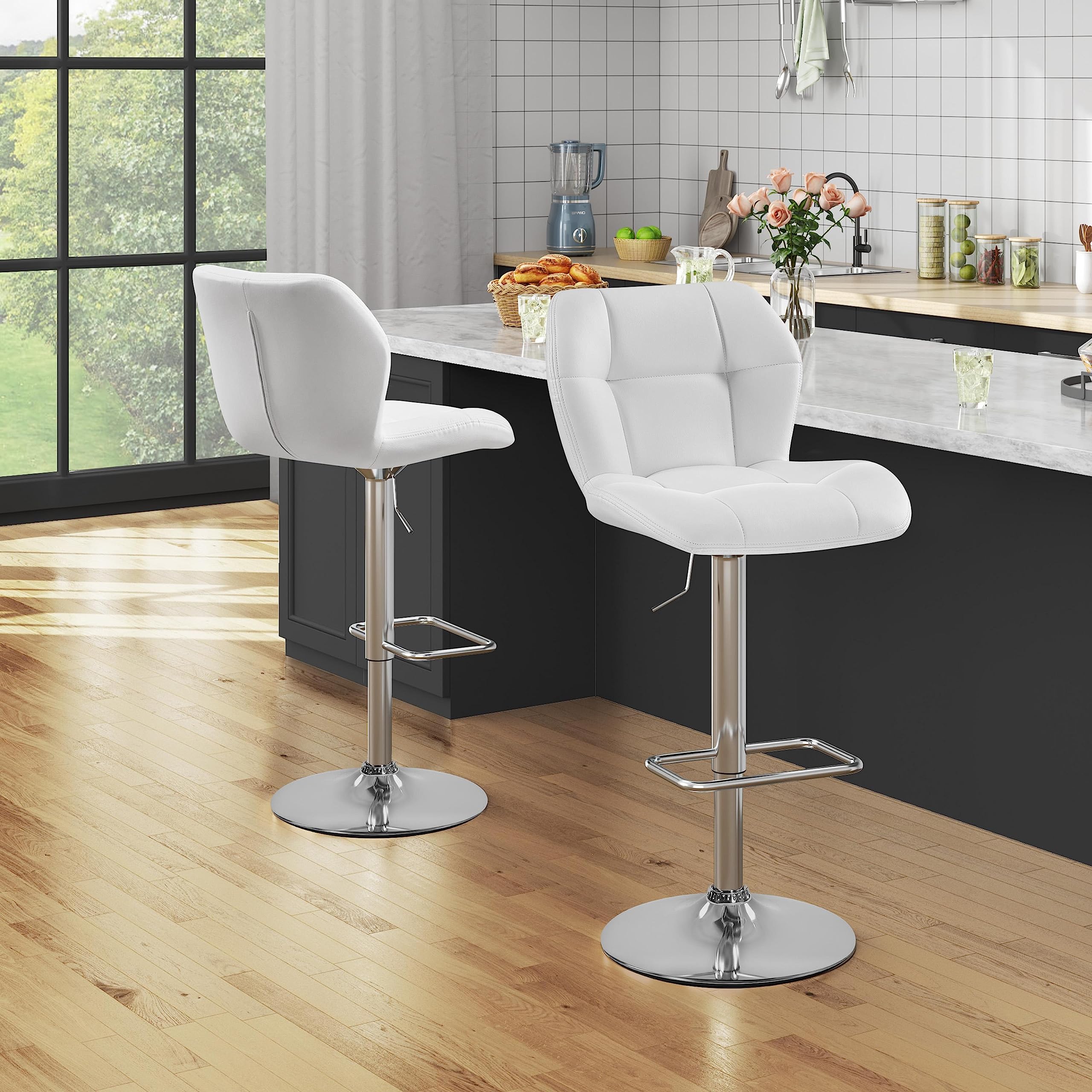 Yaheetech Bar Stools Set of 2, PU Leather Breakfast Bar Chairs, Swivel Height Adjustable Barstools, Counter Stools with Backrest for Home Kitchen Restaurant, White