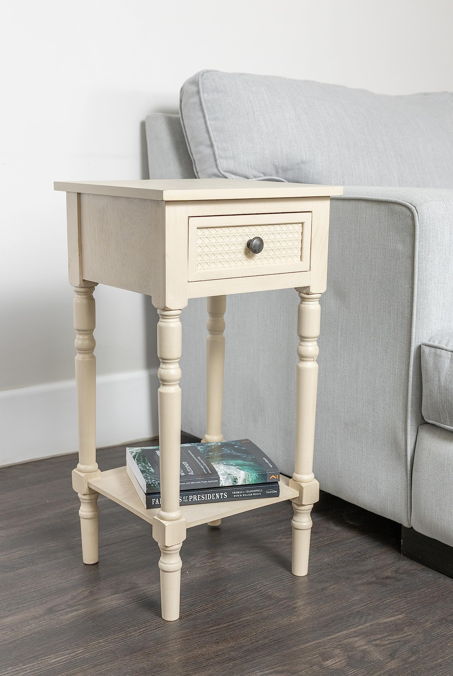 Wood Accent End Table with Storage Shelf, Rose White Finish, Easy No-Tool Assembly, Black Metal Knob, Smooth Wood Glides for Effortless Use. End Table Nightstand