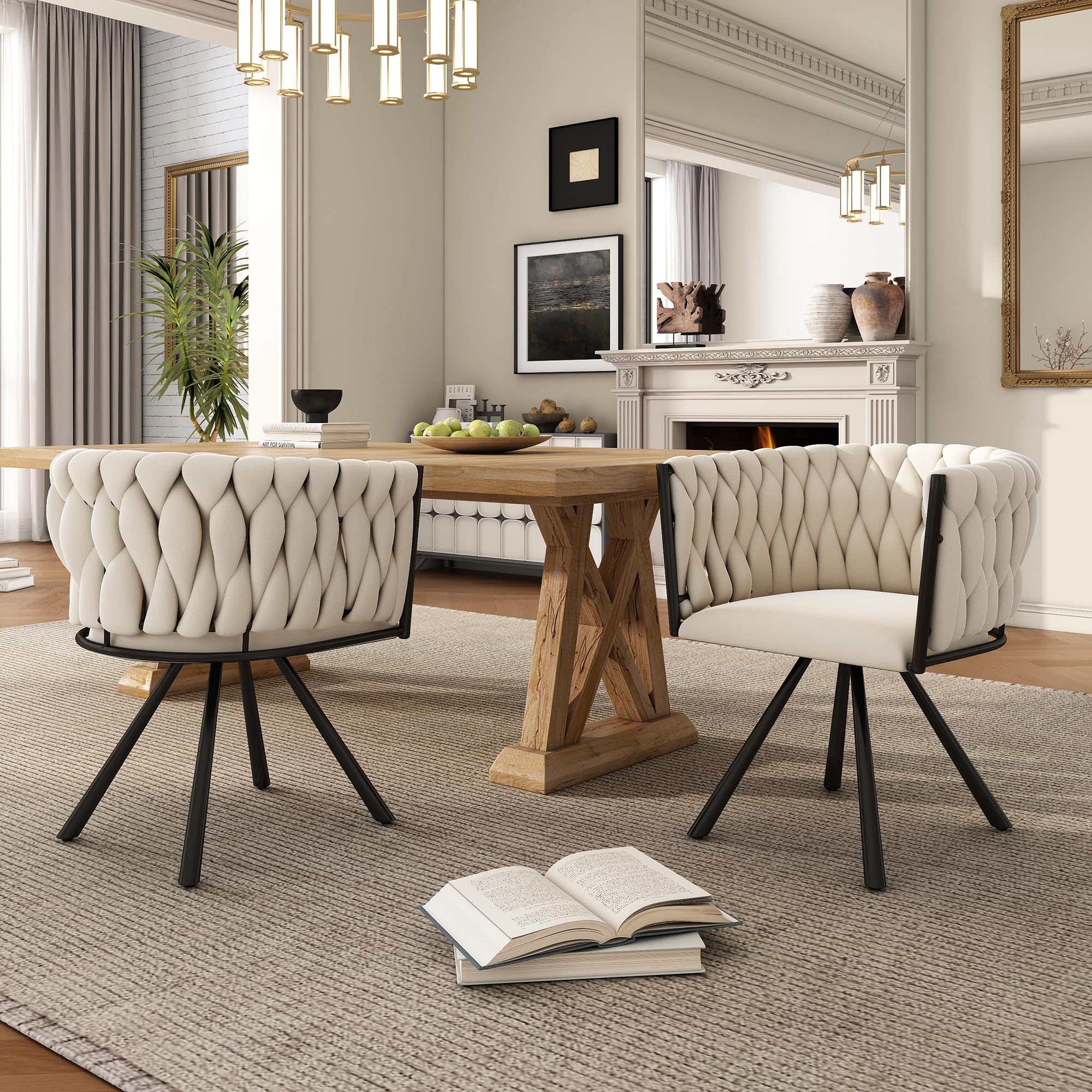 ModernLuxe 360° Swivel Dining Chairs Set of 2, Light Luxury Kitchen Chairs with Curved Backrest and Metal Support Legs, Suitable for Living Room Dining Room Vanity, Velvet, Beige
