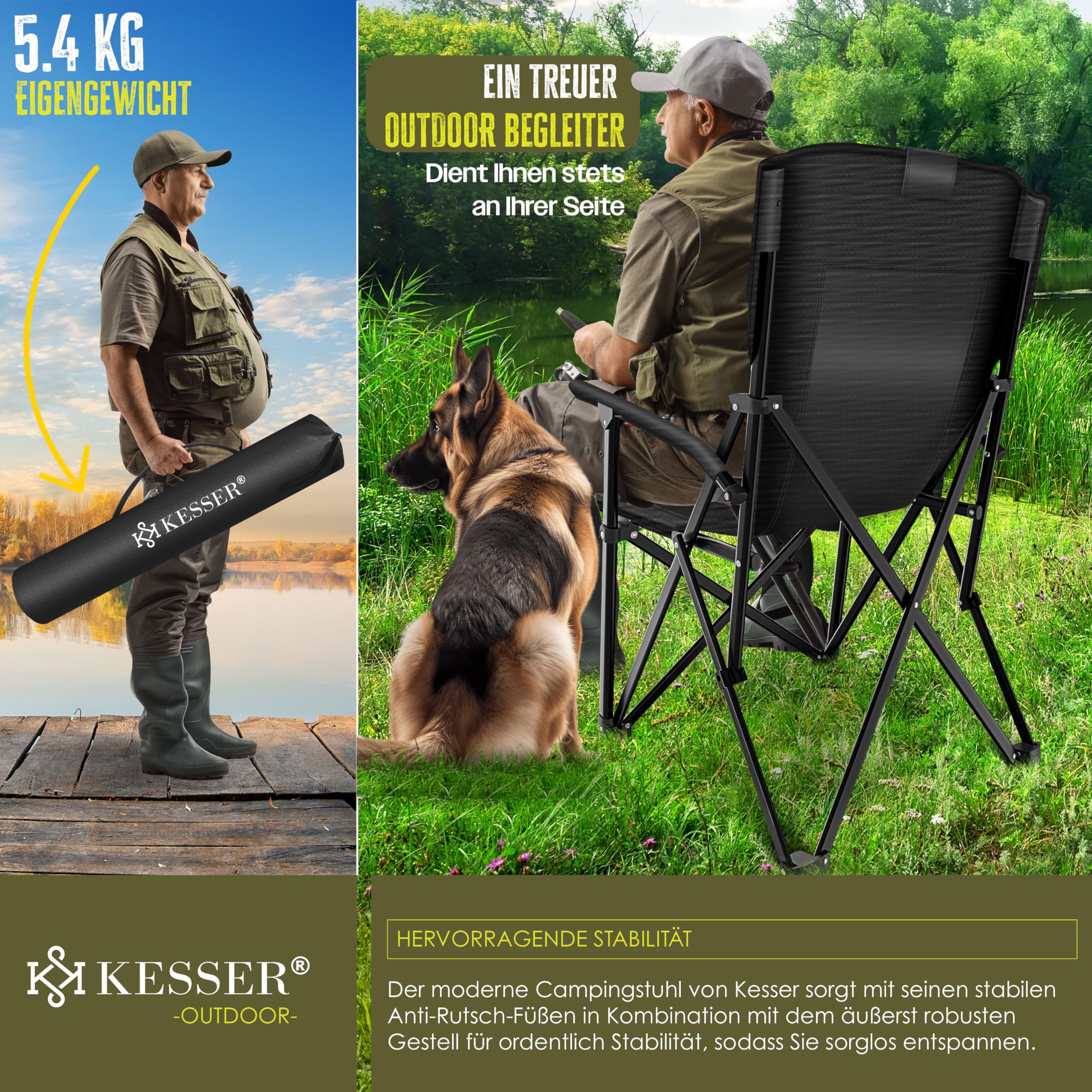 KESSER® Campingstuhl faltbar bis 160 kg | Angelstuhl Faltstuhl Klappstuhl Gepolstert mit Armlehnen | Campinglicht und Getränkehalter + Tasche mit hoher Rückenlehne | Strandstuhl mit Angelhalterung