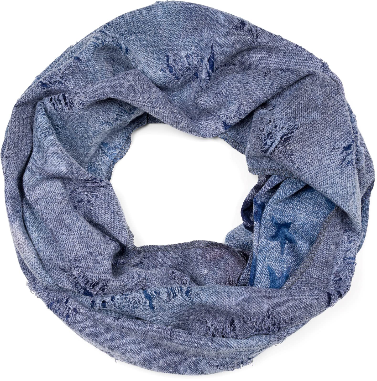 Stylebreaker Women's Light Blue Unisex Loop Scarf With Cutout Star Pattern And Rips In Destroyed Denim Look, Tube Scarf 01017143, Colour: