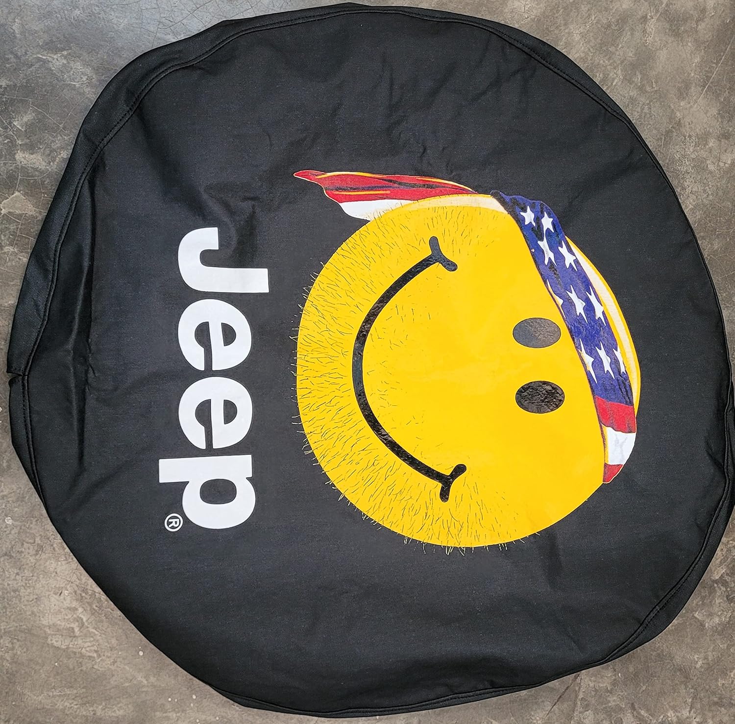 Mopar 82212306 Tire Cover Smiley Face with Bandana, Jeep brand logo on Black Denim, Fits LT255/75R17, P255/70R18 tires