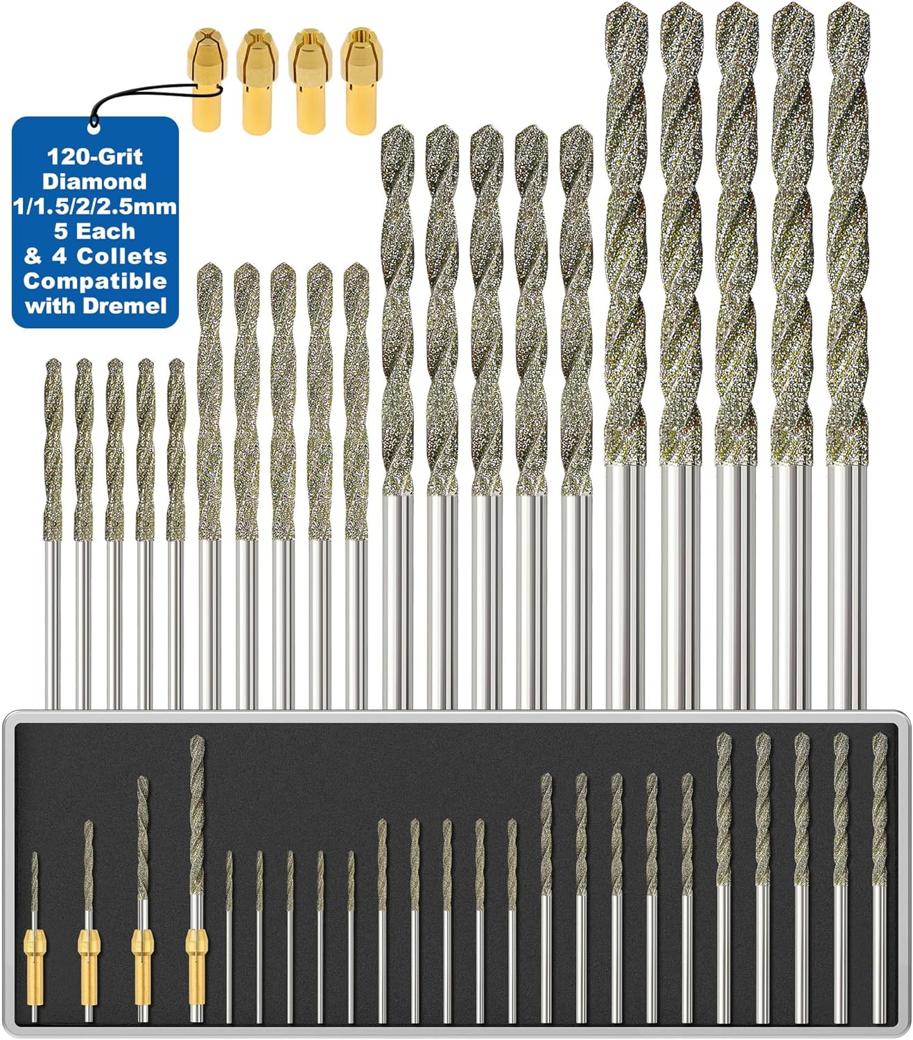 Sworker Diamond Drill Bits 1mm 1.5mm 2mm 2.5mm 5 Each 120-Grit 20Pcs with 4 Collets Compatible with Dremel Rotary Tool for Sea Glass Stone Shells Jewelry Making Porcelain Ceramic Gems