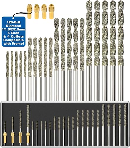Sworker Diamond Drill Bits 1mm 1.5mm 2mm 2.5mm 5 Each 120-Grit 20Pcs with 4 Collets Compatible with Dremel Rotary Tool for Sea Glass Stone Shells Jewelry Making Porcelain Ceramic Gems