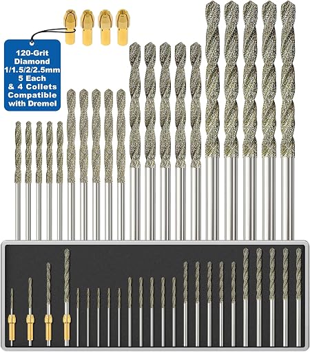 Sworker Diamond Drill Bits 1mm 1.5mm 2mm 2.5mm 5 Each 120-Grit 20Pcs with 4 Collets Compatible with Dremel Rotary Tool for Sea Glass Stone Shells Jewelry Making Porcelain Ceramic Gems